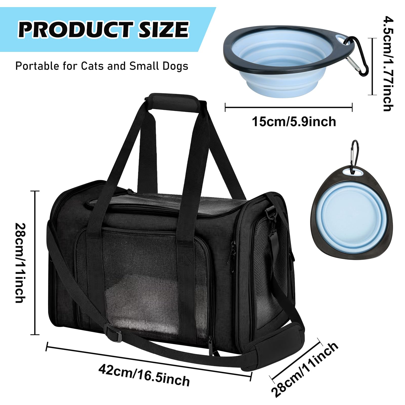 BYZESTY Transportbox Katze Hund Katzentransportbox Hundebox Faltbar Hundetransportbox Katzen Transportboxen Hundetasche Katzenbox Katzentransporttasche Inkl. Hundenapf, 42 x 27 x 28 cm (Schwarz 2)