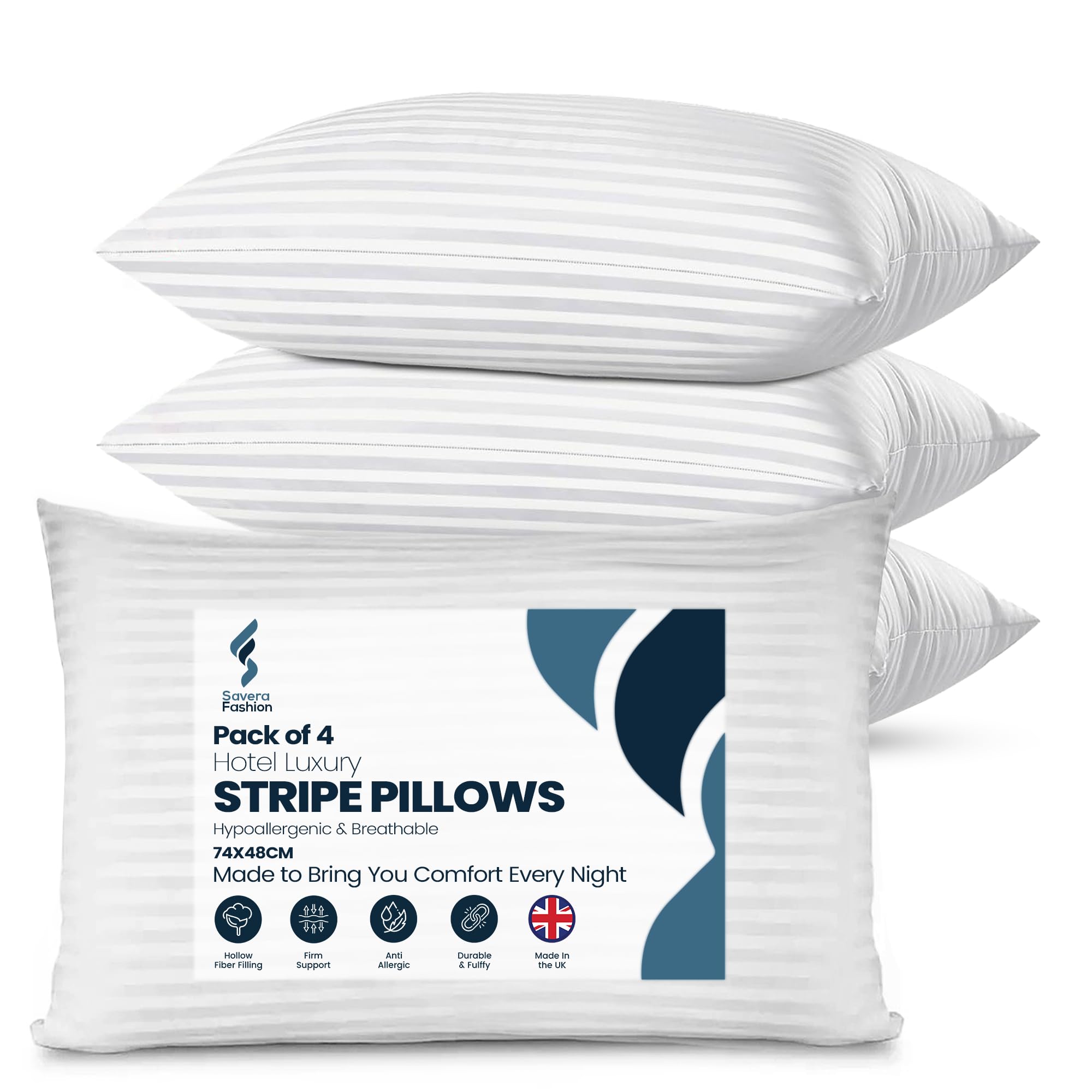 Stripe Pillows 4 Pack – Hotel Quality Luxury Bed Pillows 48x74cm – Soft Hollowfibre Fi...