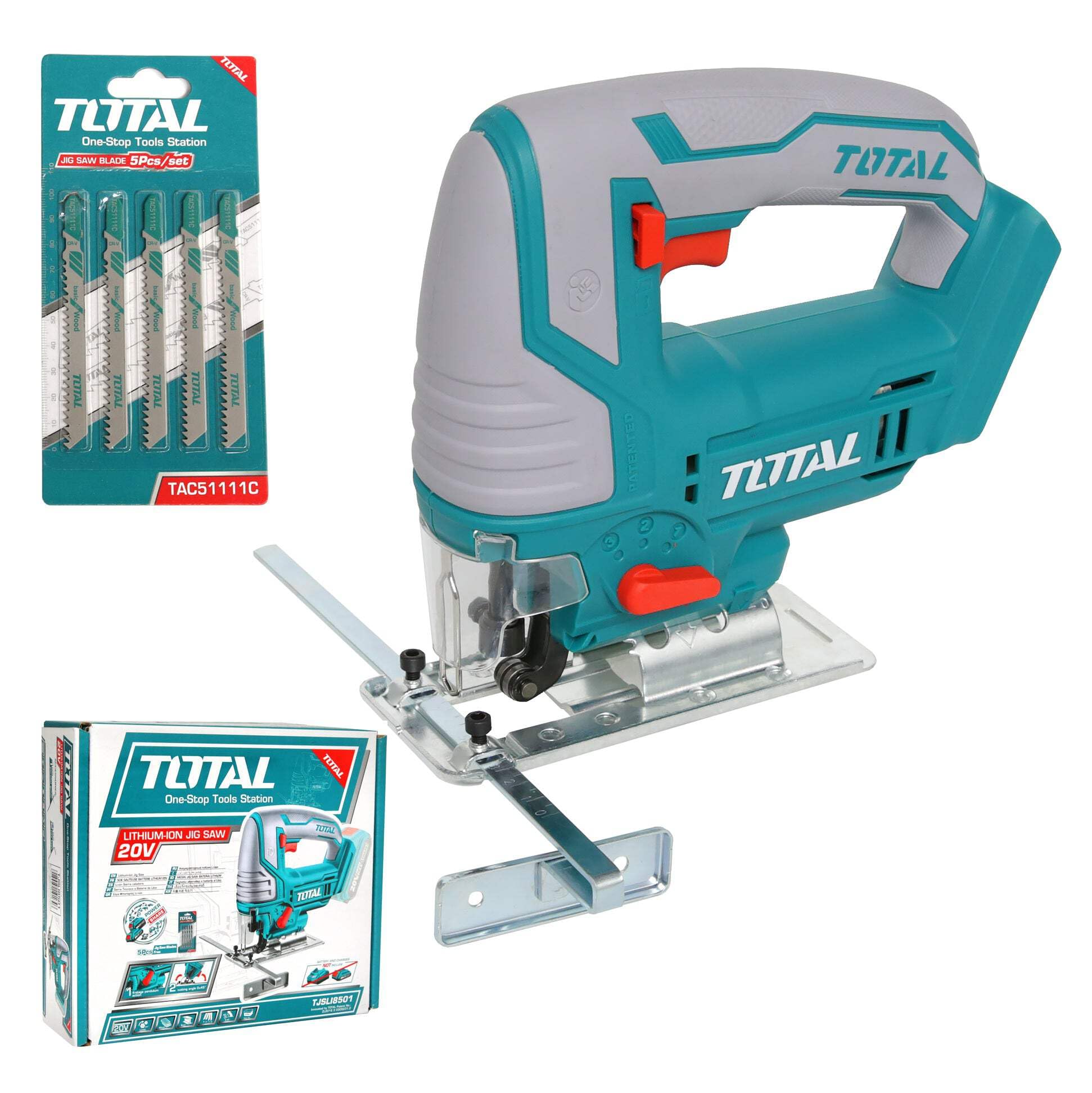 TOTAL - Sierra Caladora a Batería P20S de 20 V - Inalámbrica - Herramienta para Cortar Metal y Madera - Velocidad Sin Carga de 2400 rpm - Incluye 5 Hojas de Sierra