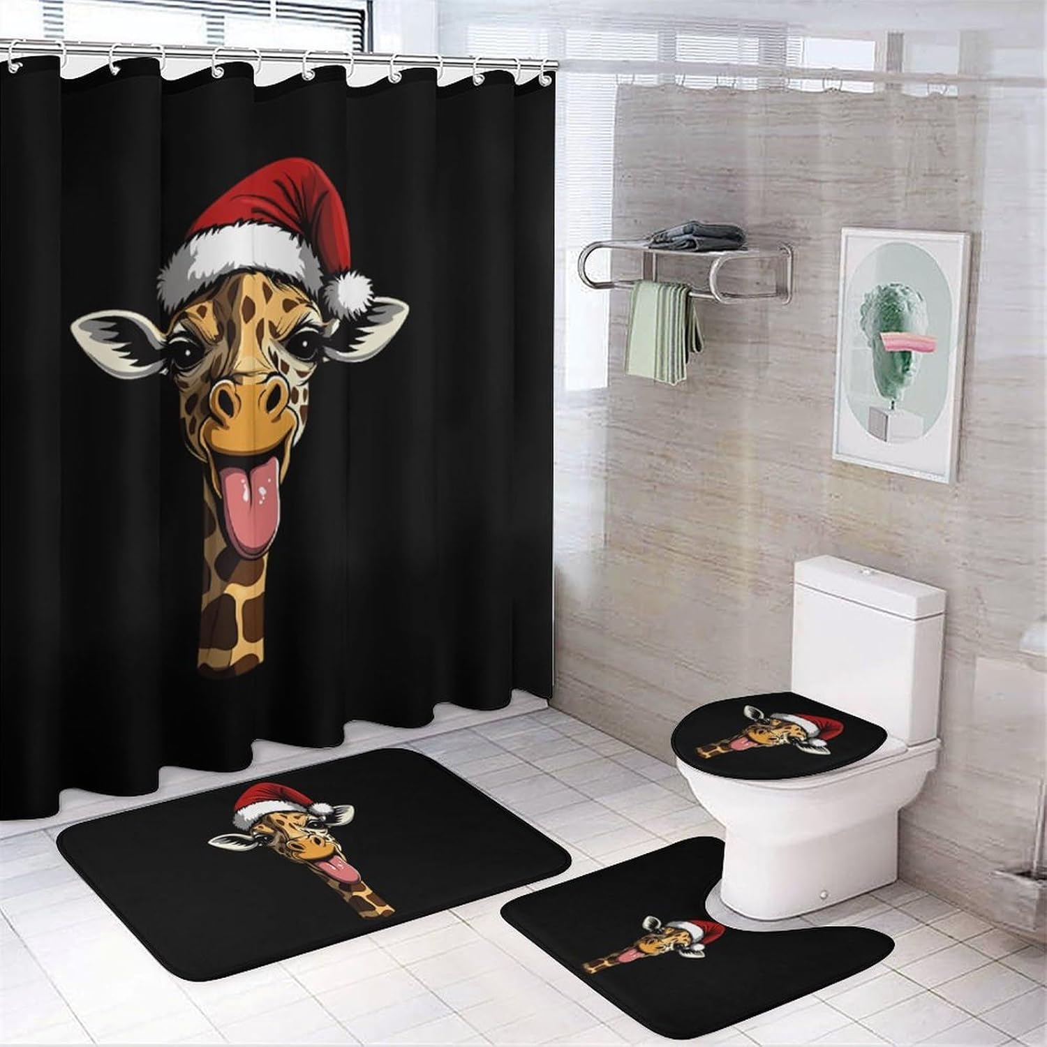 Santa Giraffe Bathroom Sets with Shower Curtain and Rugs 4 Piece with U-Shaped Floor Mat Toilet Lid Cover