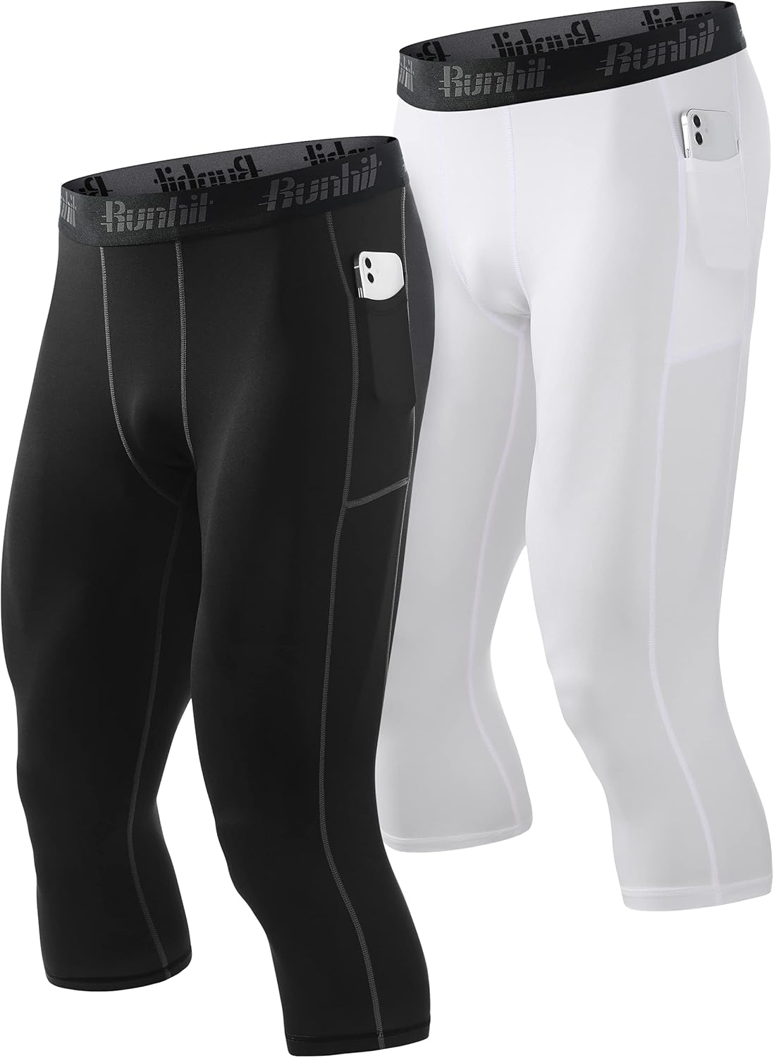 Runhit 3/4 Men's Compression Pants with Pockets,Workout Athletic Tights Leggings Athletic Base Layer Underwear