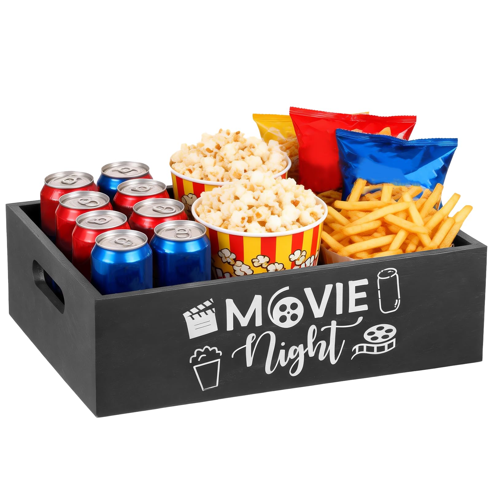 GUIJZSLTRG Movie Night Snack Trays with Handle Reusable Wooden Movie Present Basket Popcorn Bucket Bowl Box Container Family Room Valentine's Day Decor for Home Cinema Nights and Themed Partie