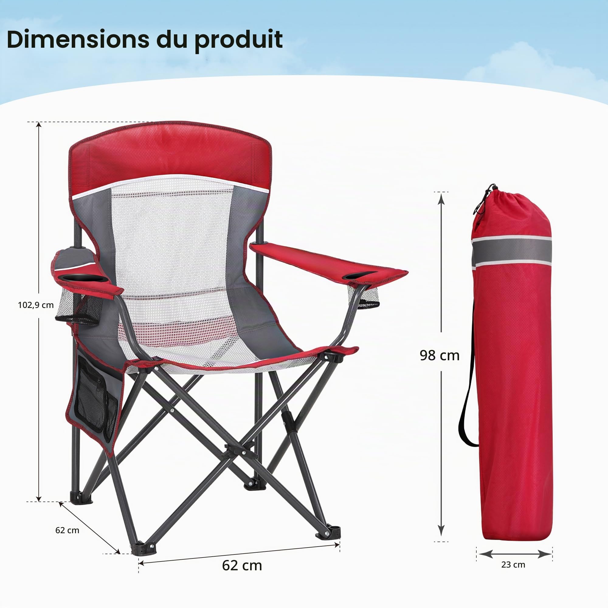 High Point Sports Chaise de Camping Pliante Portable avec Dossier en Maille, Chaise de Camping Rouge 150KG, Chaise de Pêche, Chaise d'extérieur, Jardin, Terrasse