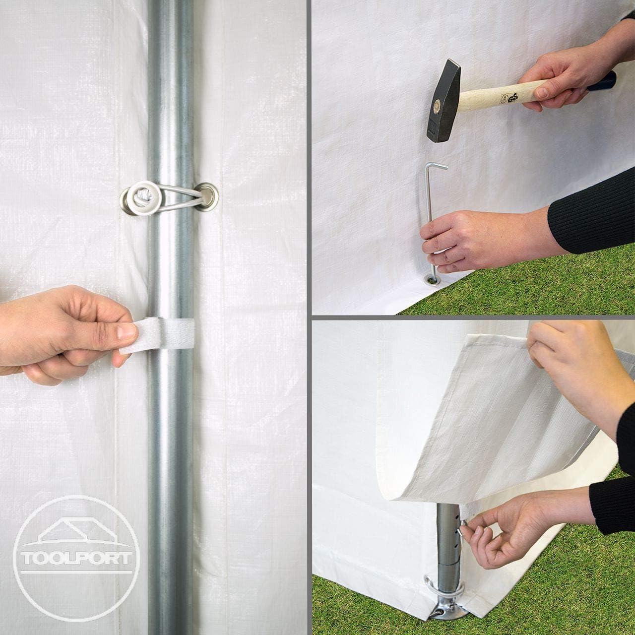 Three images showing assembly steps: a hand securing a side panel to a pole with a strap, a hand hammering a ground peg, and a hand attaching the tarpaulin to the frame.