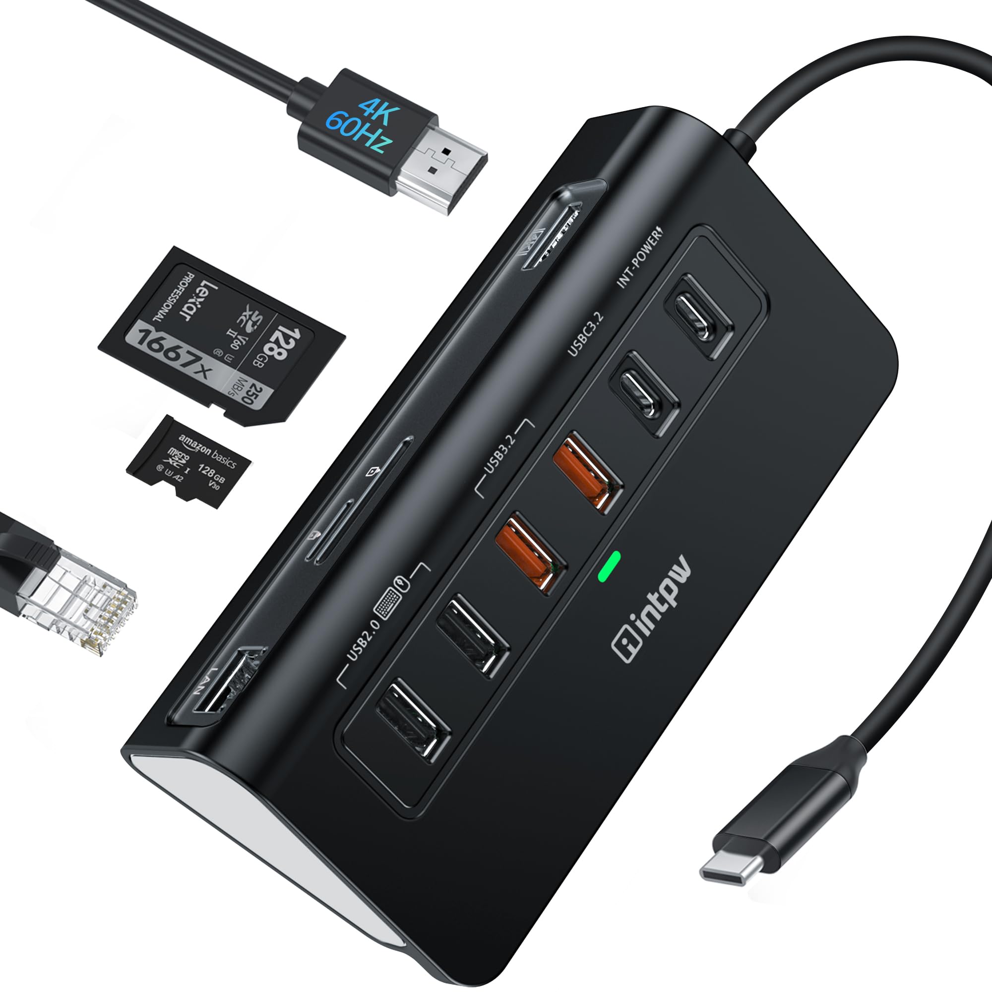 intpw P9R PRO USB C Hub Ethernet, 10Gbps USB C Docking Station 10-in-1 with 4K@60Hz HDMI, Type-C & 2 USB A 3.2 Data, LAN, 2 USB A 2.0, PD 100W, SD/TF Ports, Powered USB Hub for Laptop, iPhone 17, Mac