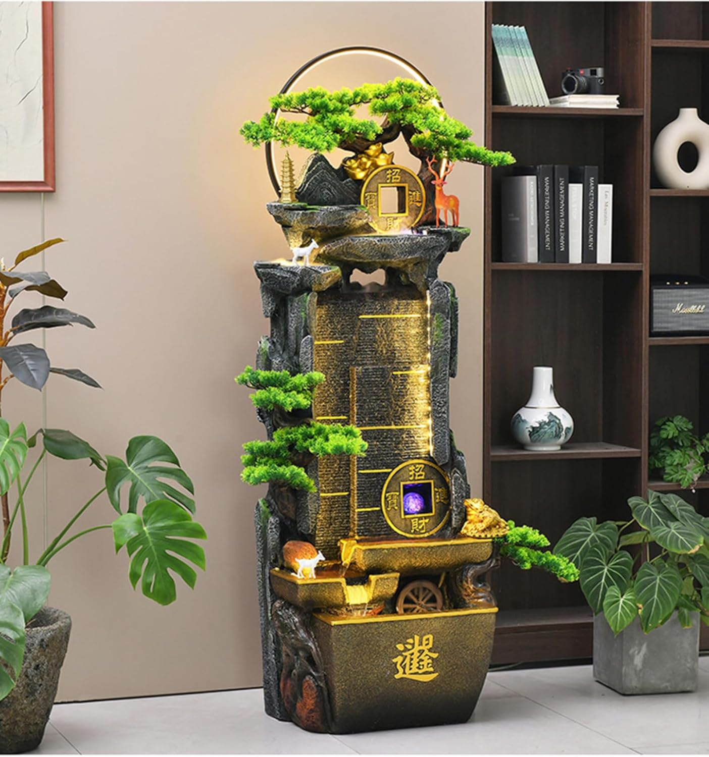 Zen Prosperity Water Fountain with Bonsai and Gold Accents – Feng Shui-Inspired LED Rockery Waterfall for Indoor & Outdoor Harmony and Tranquility (Small)