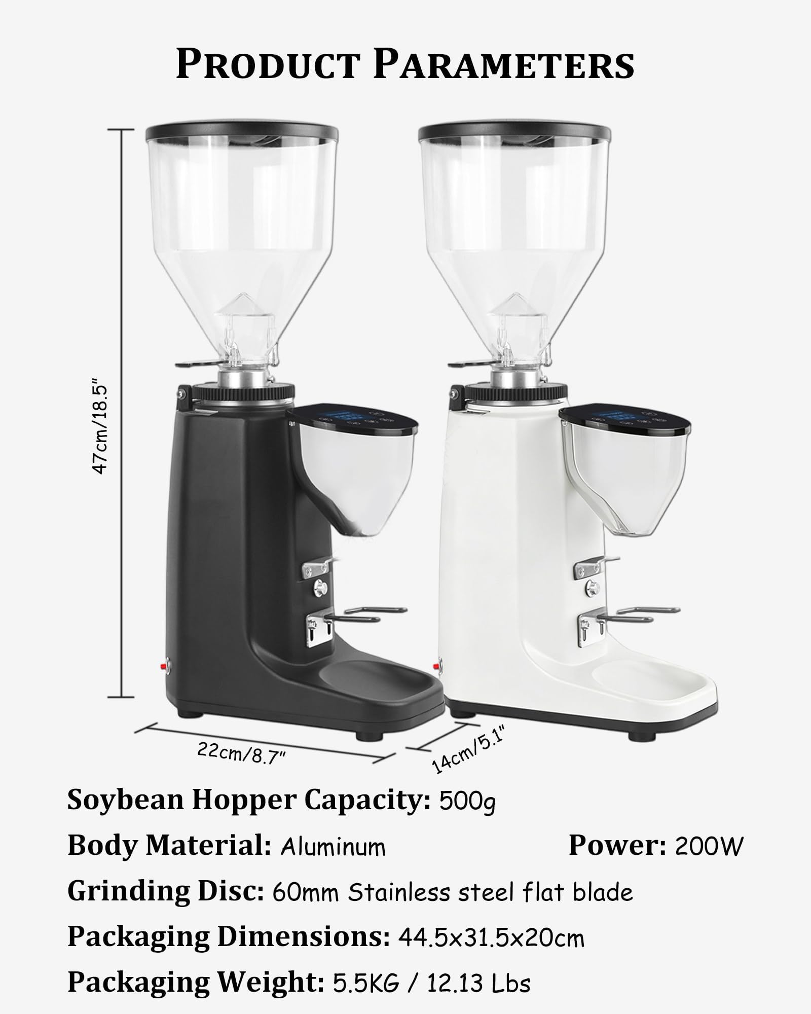 Elektryczny młynek do kawy żarnowy 500g, płaski żarnik 60mm z 19 precyzyjnymi ustawieniami, cyfrowe sterowanie z ekranem dotykowym, młynek dozujący espresso do kawiarni domowej, 22x14x47cm white
