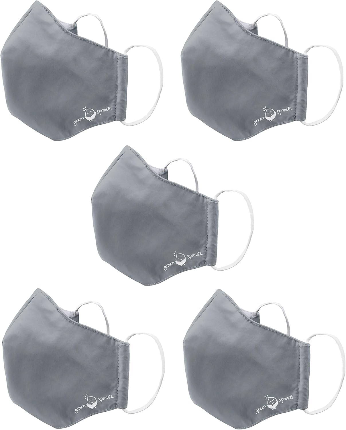 green sprouts i play 5 Pack Reusable Face Mask and Storage Bag with Carbon Filter and Water-Resistant Adult Large Grey