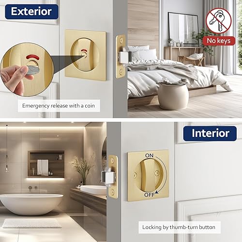 Miniatura 3 de Paquete de 1 cerradura de puerta de bolsillo dorada, herrajes para puerta de bolsillo con indicador rojo-verde, manijas de puerta de bolsillo de