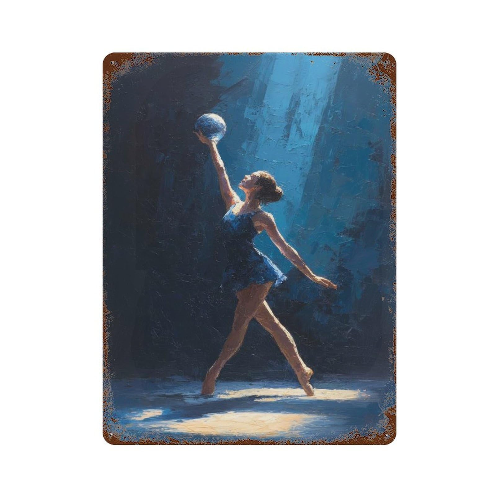Rust Effect Ballerina with Ball in Blue Light Rhythmic Gymnastics Distressed Metal Wall Sign 15.7"x11.8", Farmhouse Wall Decor for Office, Studio And Wall Decor