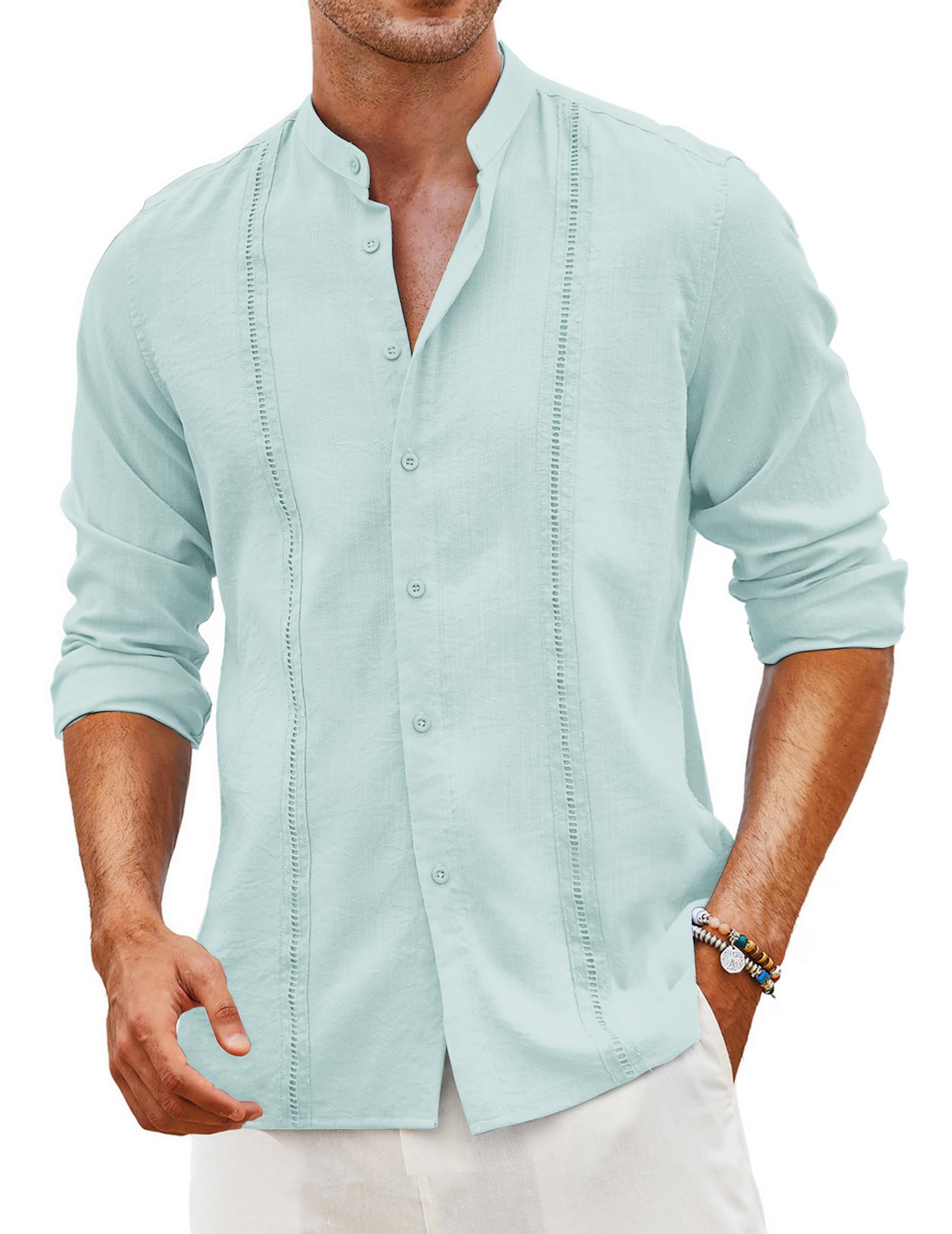 Coofandy Camicie da Uomo Cubana Guayabera Casual a Maniche Lunghe con Bottoni Camicie con Colletto a Fascia Camicie estive da Spiaggia in Lino