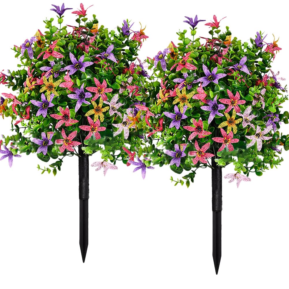 MTICYL 23.6in Artificial Boxwood Topiary Ball Trees with Flowers,2 Pack UV Resistant Faux Greenery Shrubs for Outdoor with Ground Spike,Fake Boxwood Plants for Front Porch Garden Yard