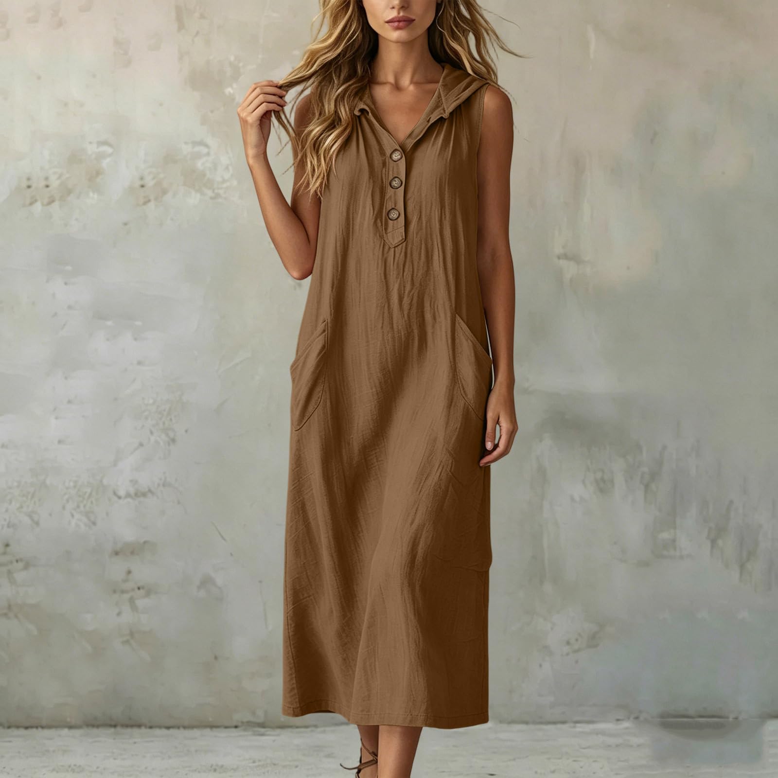 Generico Vestiti Estivi Donna Lunghi Lino Vestiti Cotone Scollo a V Morbidi Vestito Largo con Bottoni Abito Estivo Tinta Unita Comodo e FLuidi Vestito Mare Taglie Forti Abito Curvy Estate Mare