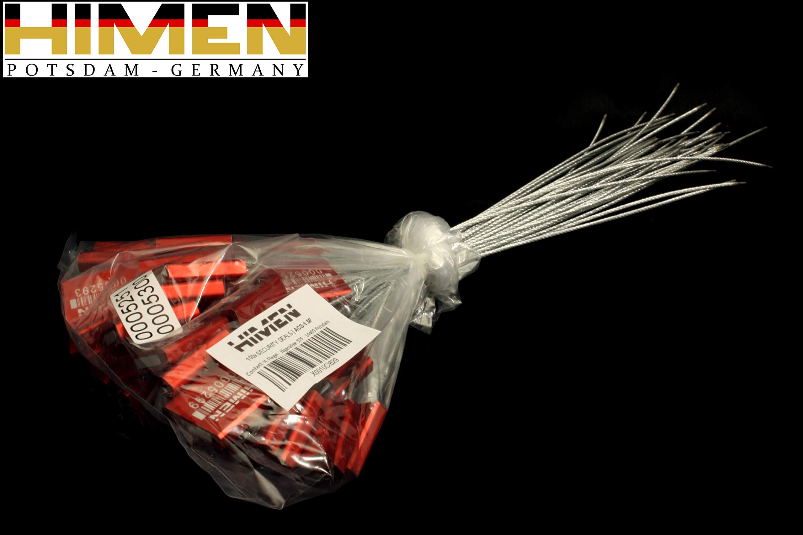 HIMEN 50 Plomben mit Drahtseil – Sicherheitsplomben fortlaufend nummeriert mit Barcode, Länge 280 mm, Modell ACS-1.5F, rot
