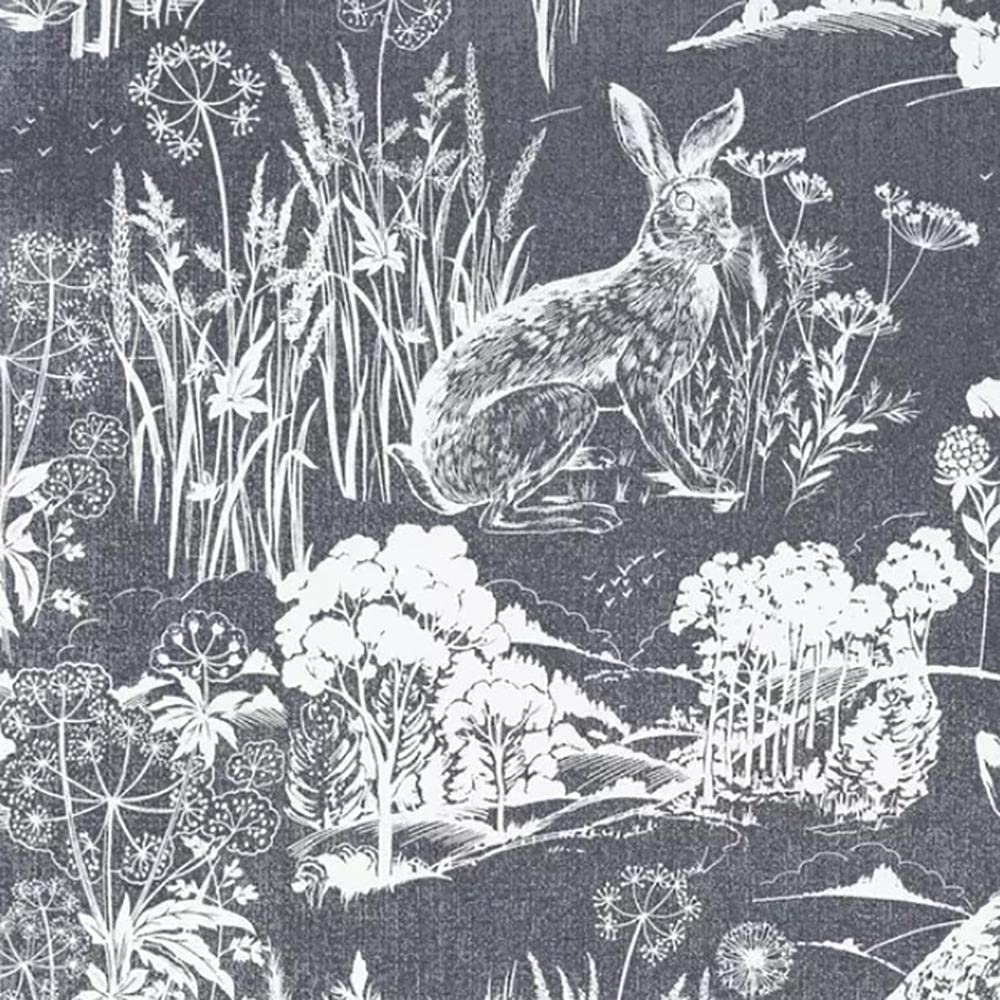 Yöl Navy,White Meadow Hare Wallpaper Bunny Rabbit Navy White Floral Flower