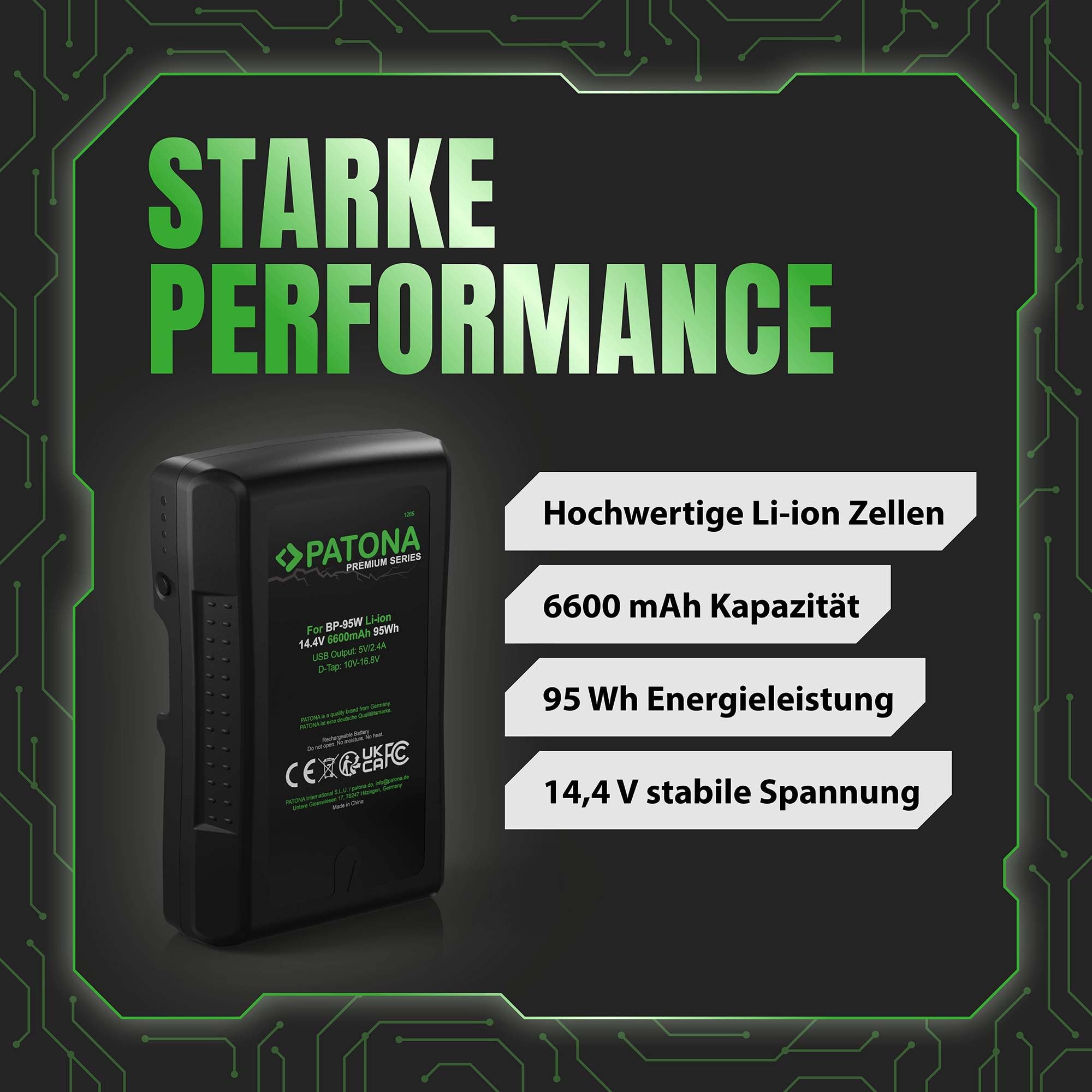 PATONA Premium BP-95W V-Mount Akku 6600mAh 95Wh 14,4V mit D-Tap & USB-Ausgang – für Sony Broadcast DSR-250P 600P 650P 652P, HDW-800P, PDW-850 – Dauerstrom für Drehs mit LED-Ladeanzeige