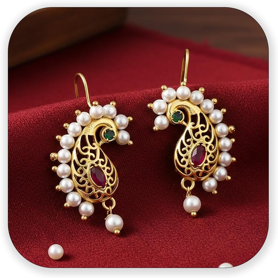 VAMA FASHIONS 18K Gold Plated Anti Tarnish Half Moon Peacock Shape Traditional Maharashtrian Press on Bugadi Upper Ear Clip on Earrings For Women & Girls