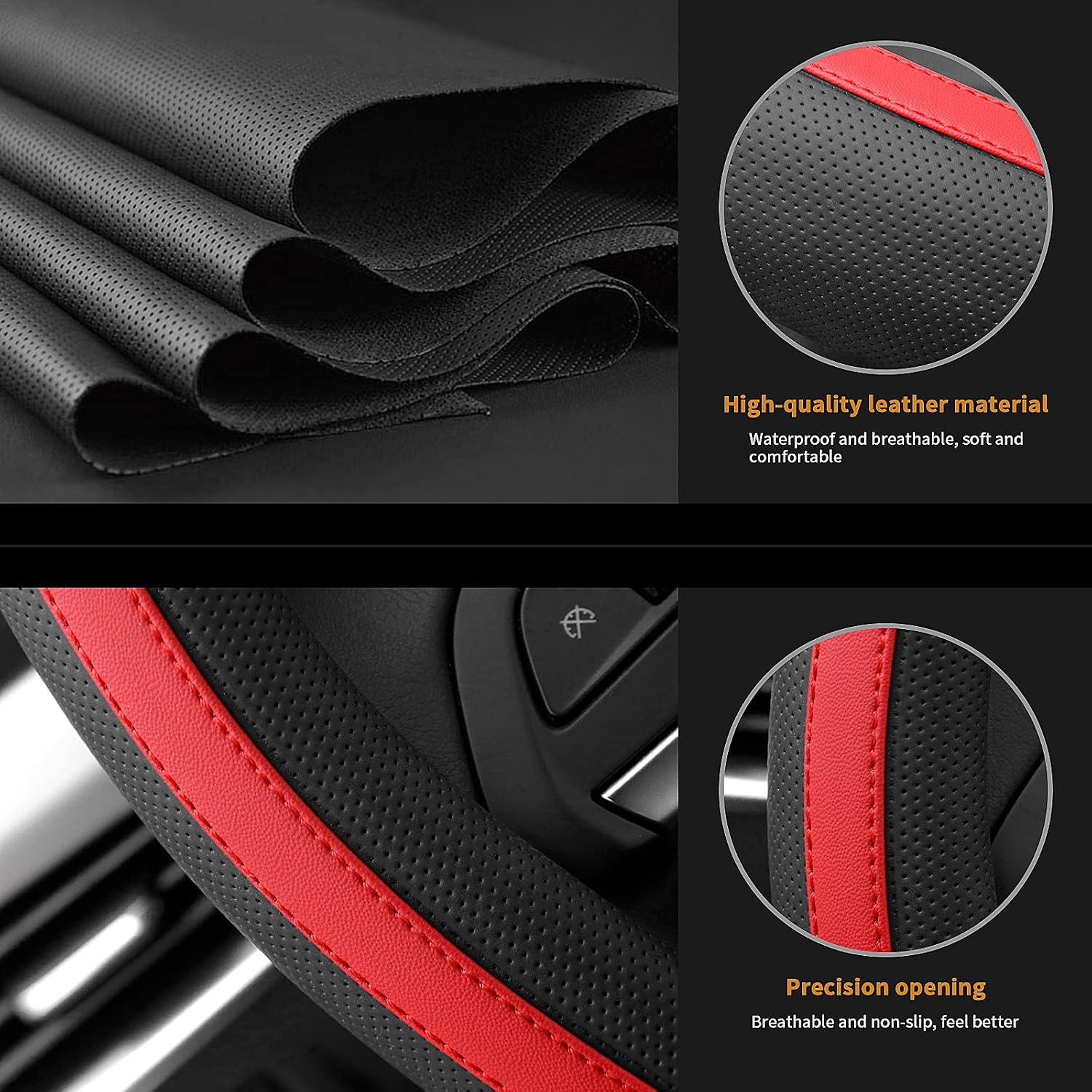 Achiou Leathe Steering Wheel Cover with Red Lines, Universal Steering Wheel Wrap Suitable for 14.5-15.25 Inch, Soft Comfortable and Breathable Car Accessories
