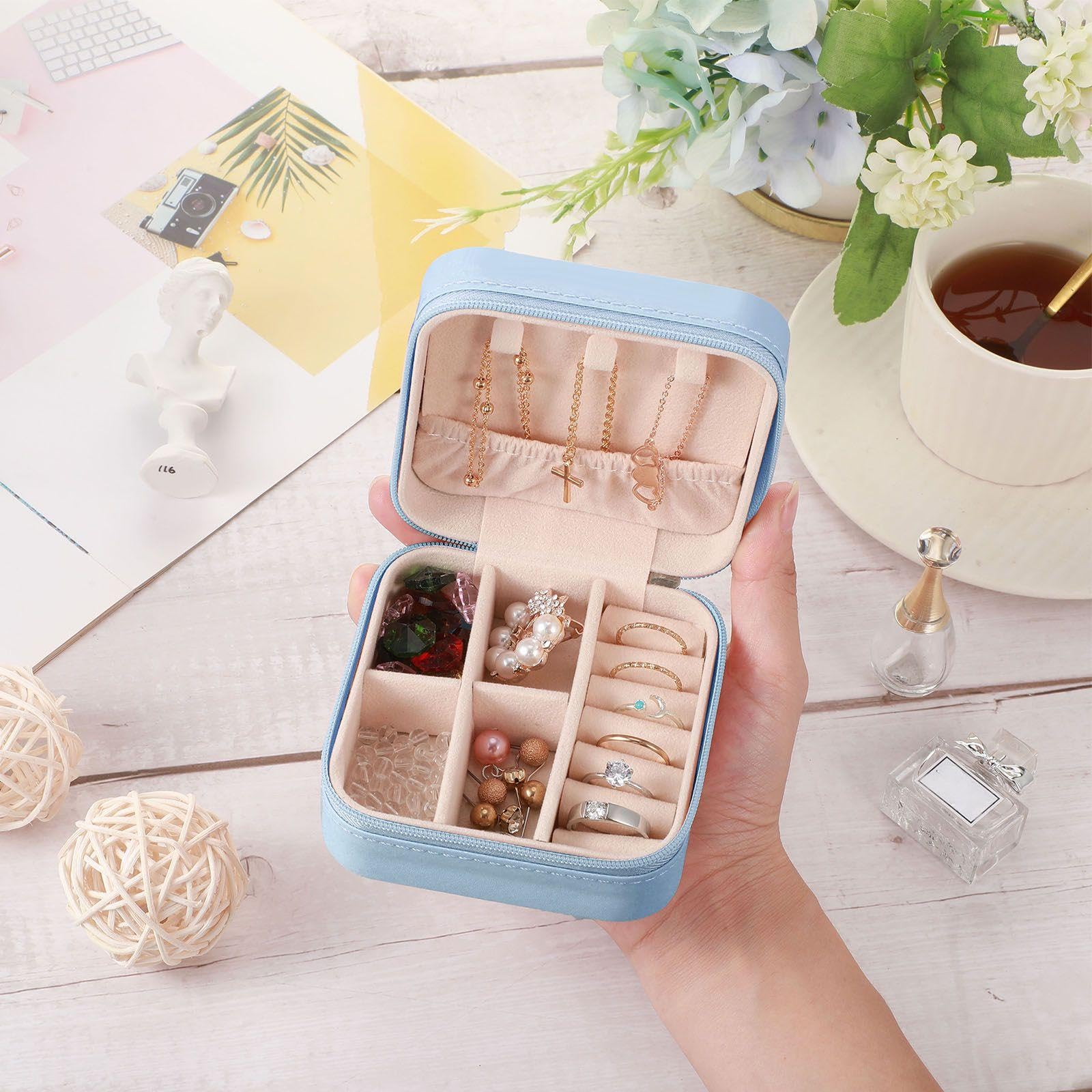 Kleine Reise-Schmuckschatullen aus PU-Leder für Frauen und Mädchen, tragbarer Reise-Schmuck-Organizer für Ringe (hellblau, 12 Stück)