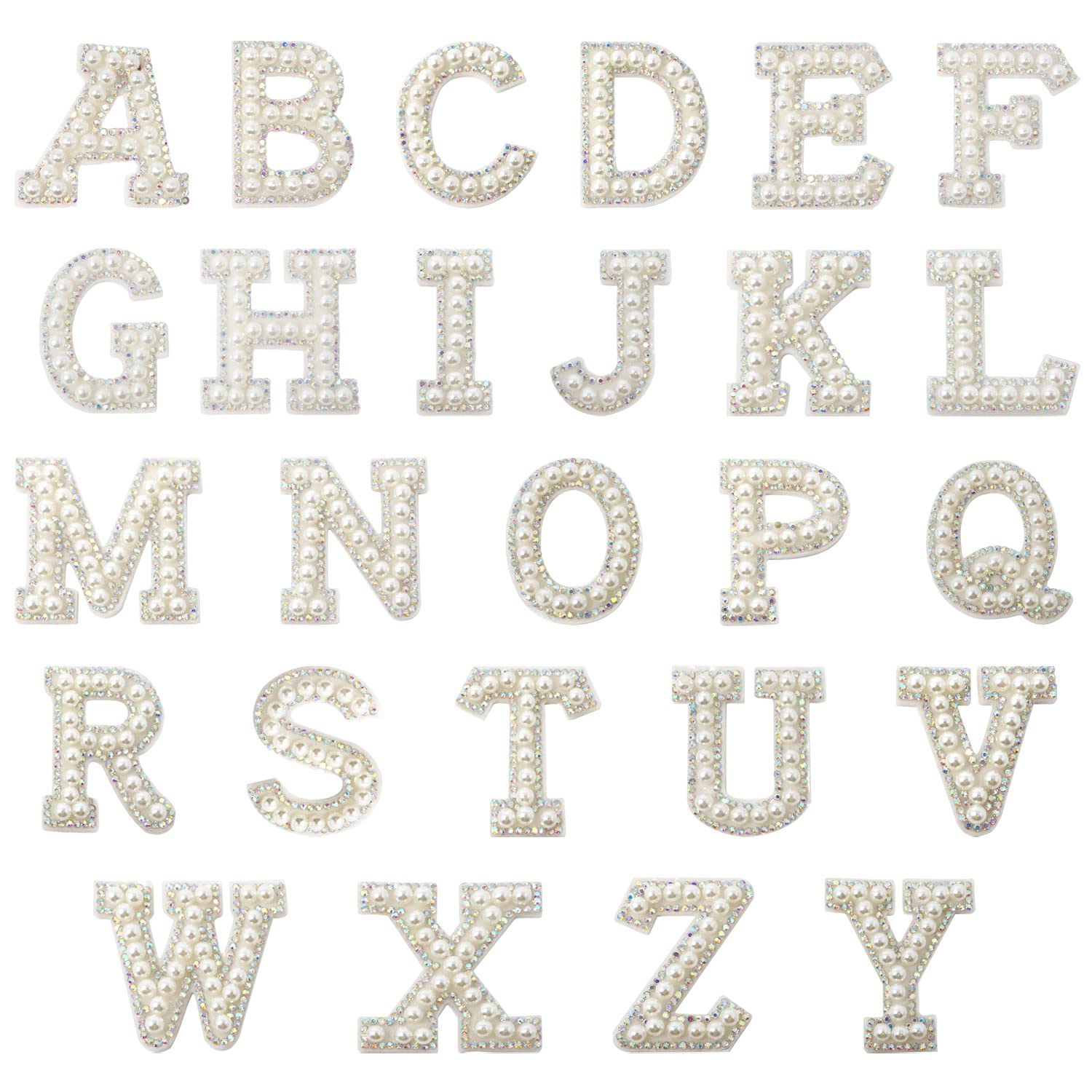 Honbay 26PCS Self Adhesive A-Z Letters Patches Rhinestone Pearl Alphabet Applique Decorative Repair Patches Sticker for Clothes Decoration and DIY Craft Supplies