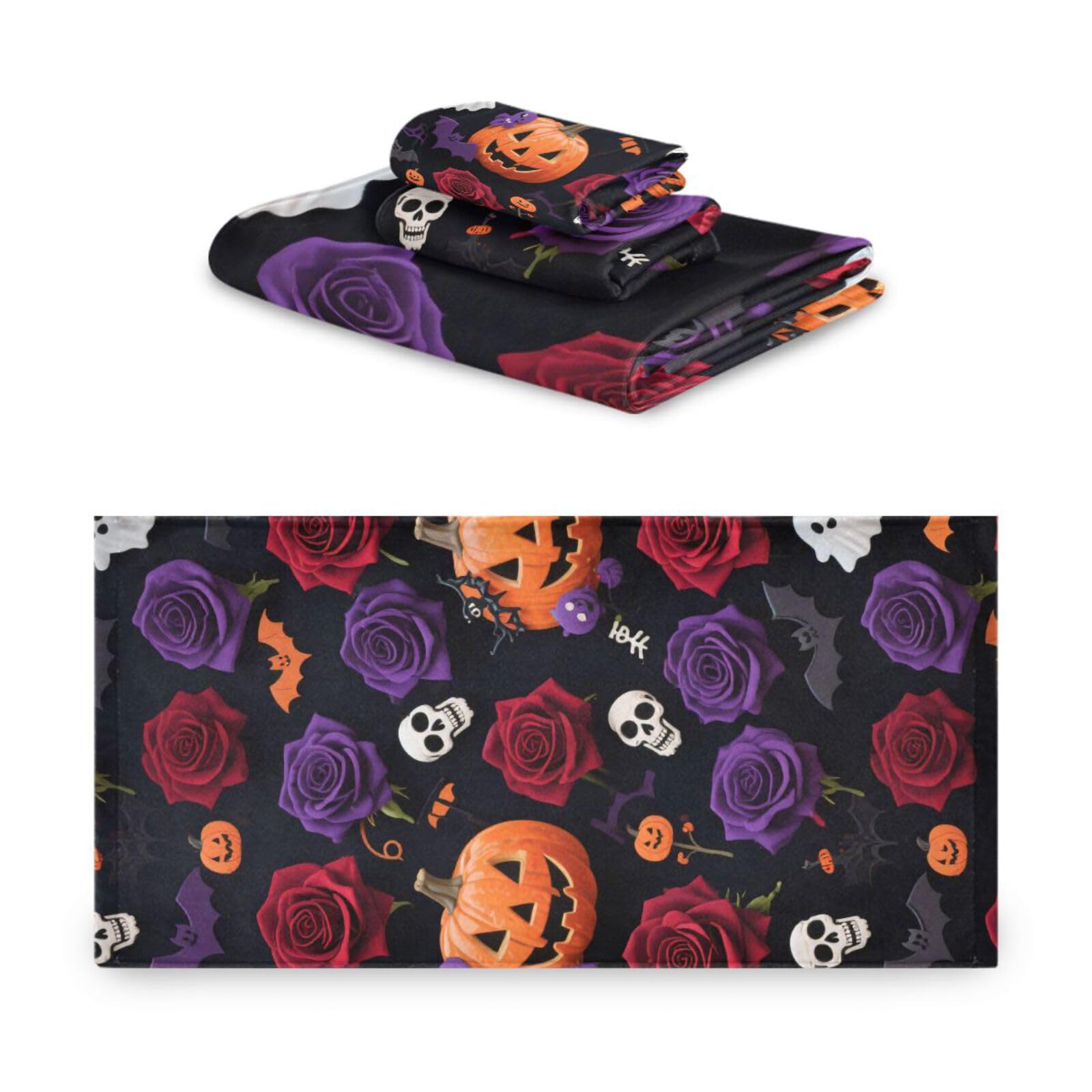 Halloween zucca gialla fiori rosa asciugamani decorativi Set 3 pezzi, 1 asciugamano da bagno 1 asciugamano mani 1 panno per il corpo viso bagno