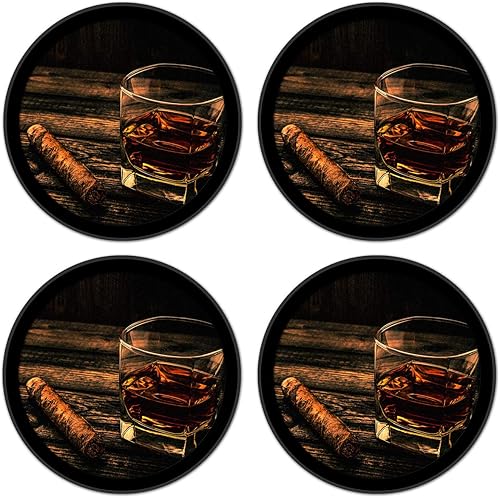 Miniatura 2 de Posavasos de silicona antideslizantes con almohadilla de fieltro absorbente impresa extraíble, juego de 4 unidades, cigarros y whisky