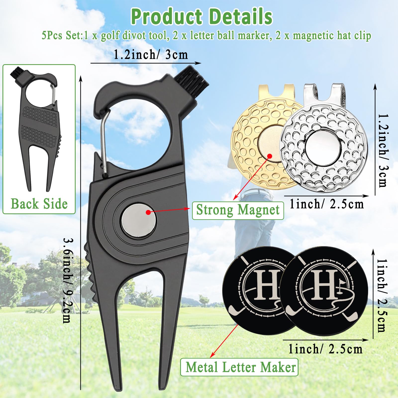 Golf Divot Repair Tool with Personalized Letter Ball Marker, Magnetic Clip, Letter H Set, Standard - Image 4