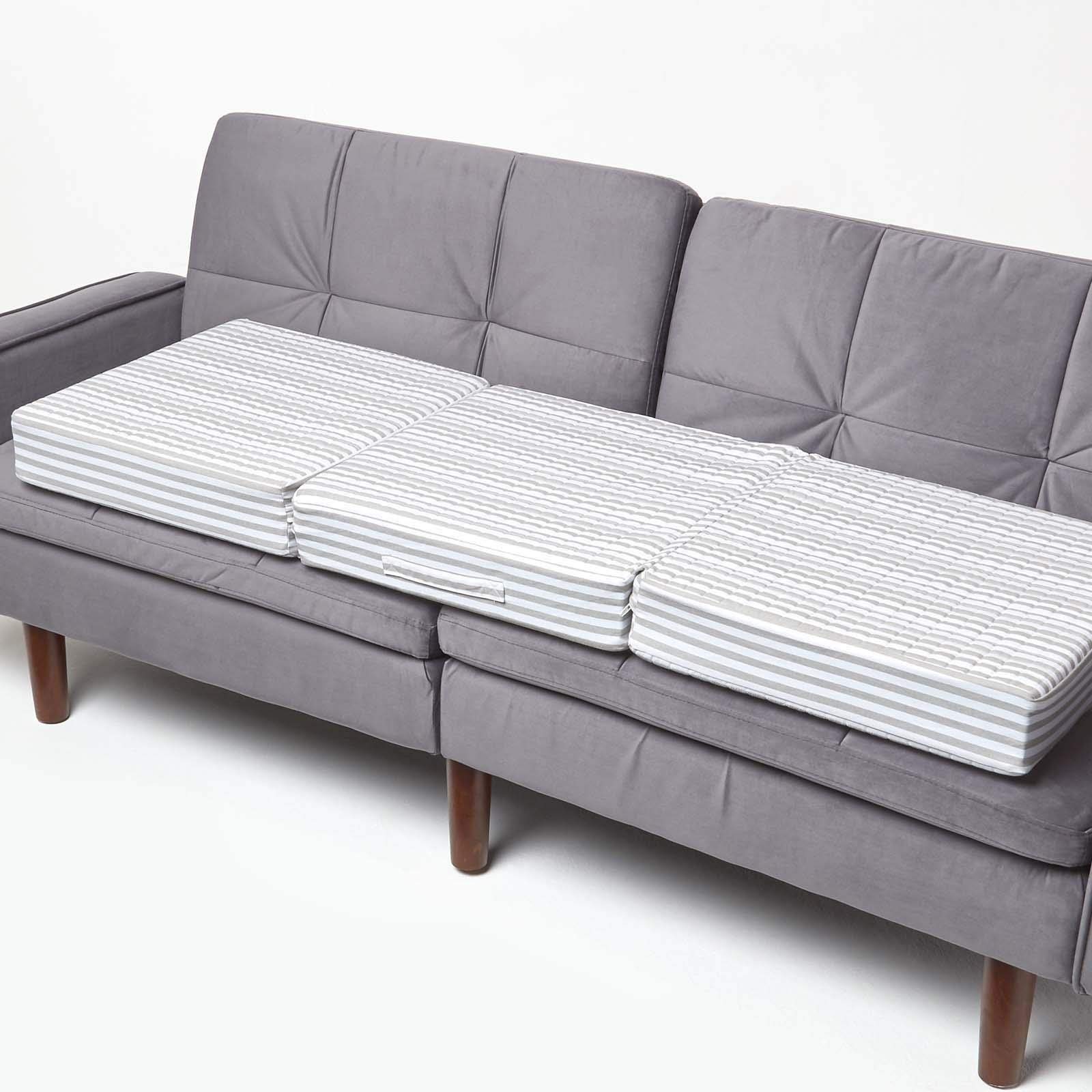HOMESCAPES Grey Stripe Quilted 3-Seater Booster Cushion with Removable Cover 150 cm Long 10cm Deep Firm Orthopaedic Foam Cushion Three Seater Large Sofa Seat Pad with Soft 100% Cotton Washable Cover