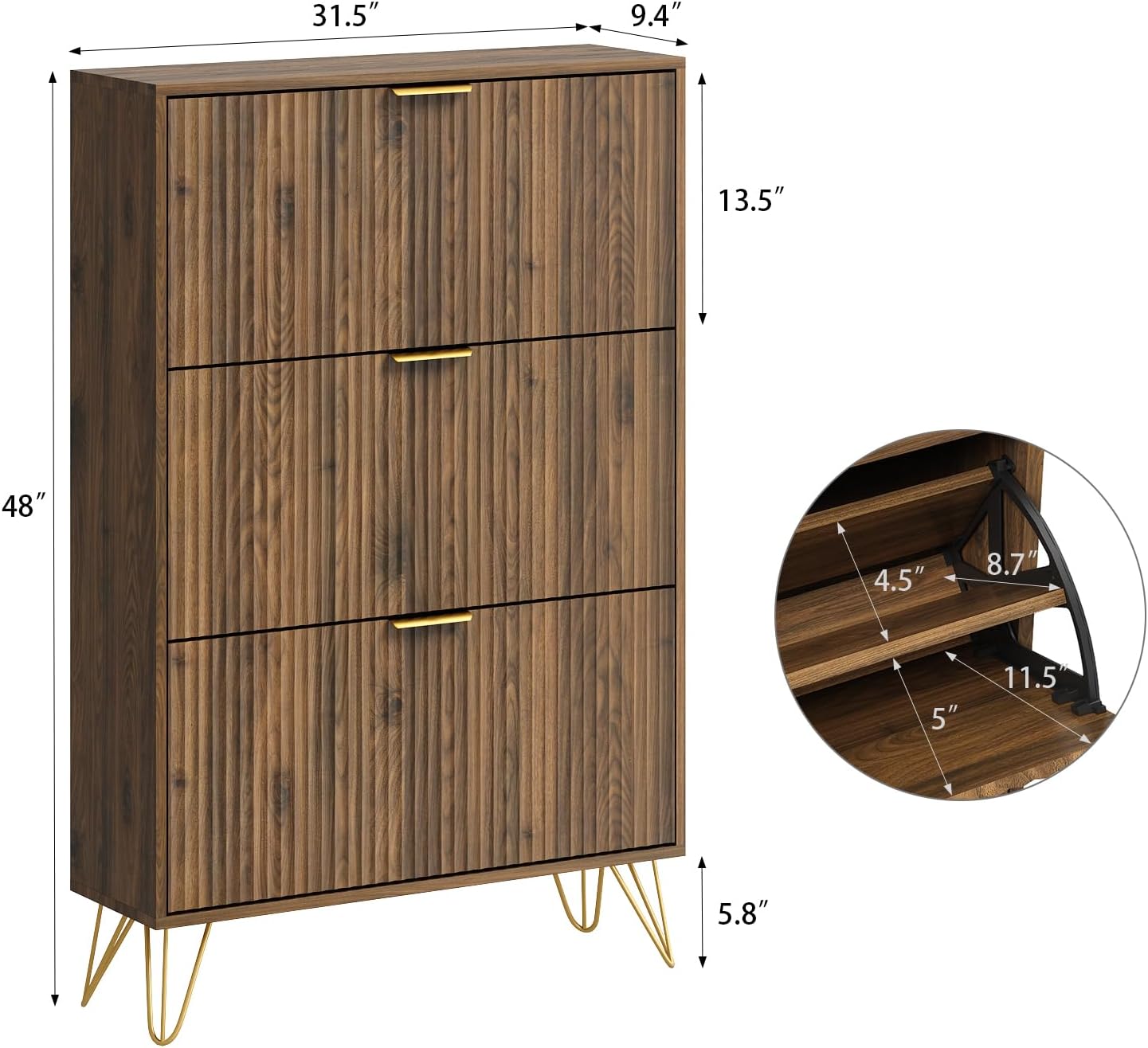 Shoe Cabinet with 3 Flip Drawer, Mid Century Shoe Cabinet Storage for Entryway Slim, Hidden Shoe Storage Cabinet, Freestanding Shoes Rack Organizer for Entryway, Walnut