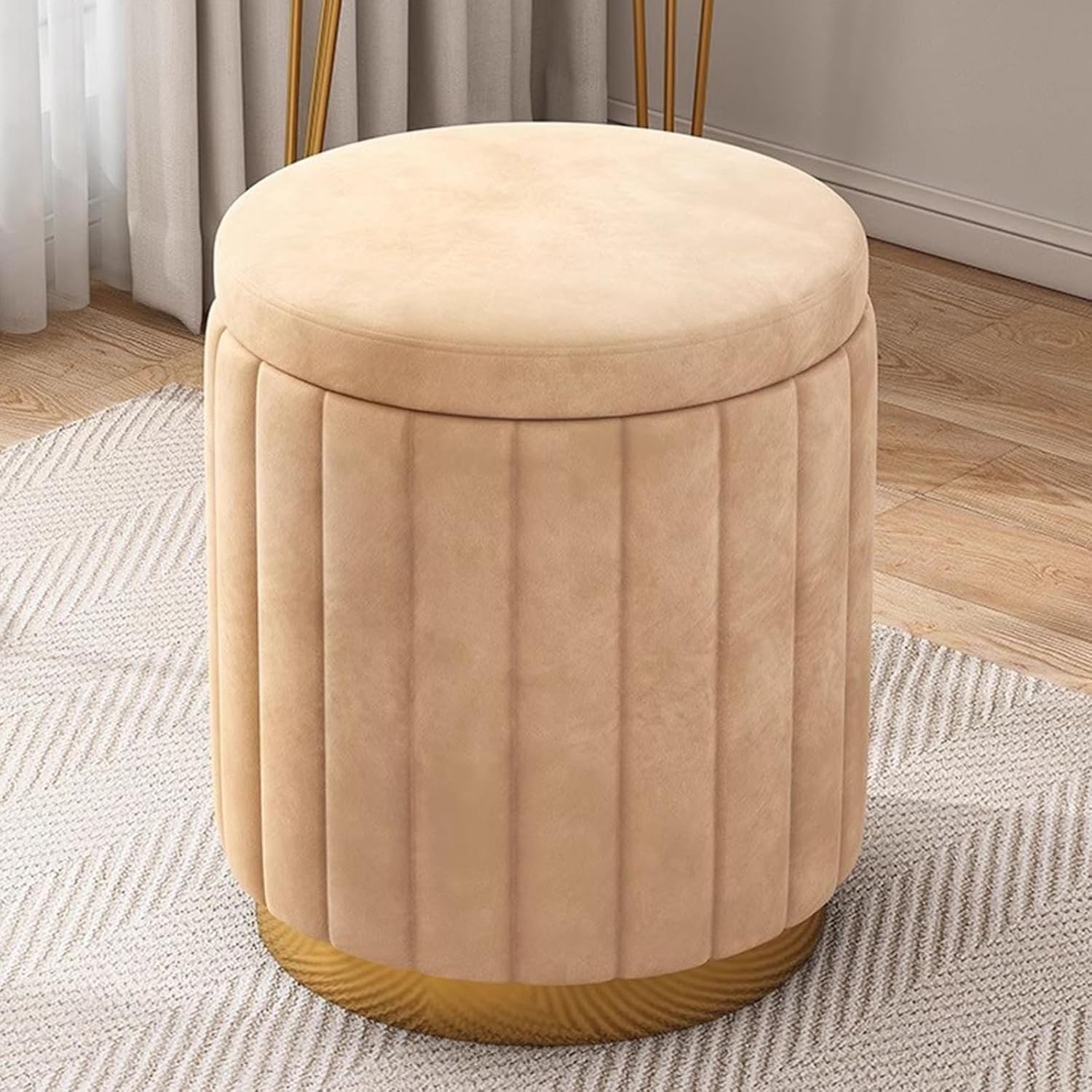 Moderno Pouf Contenitore Rotondo in Velluto con Coperchio Removibile, Base in Metallo Dorato, Elegante Poggiapiedi per Soggiorno, Camera da Letto, Yellow 43x34cm(17x13.4)