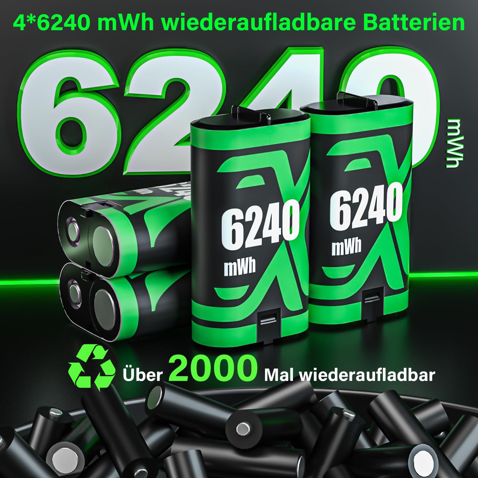 ZRZLMVP Xbox-Controller-Akku, 4 x 6240mWh Akku für Xbox One/One S/One X/One Elite/Xbox Series X|S Controller, Xbox Akku Pack mit Ladestation Zubehör- Wiederaufladbar, 3.5 Std Schnelllade, 4er-Pack