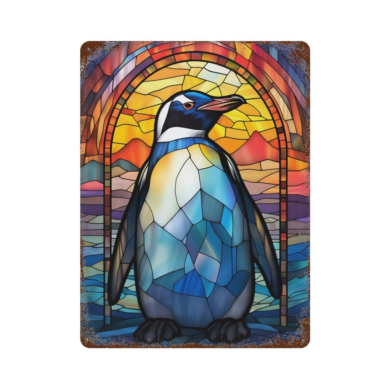 Rust Effect Penguin Stained Glass Vintage Rust Metal Sign 15.7"x11.8", Classic Wall Plaque for Shed, Workshop And Garage Wall Decor