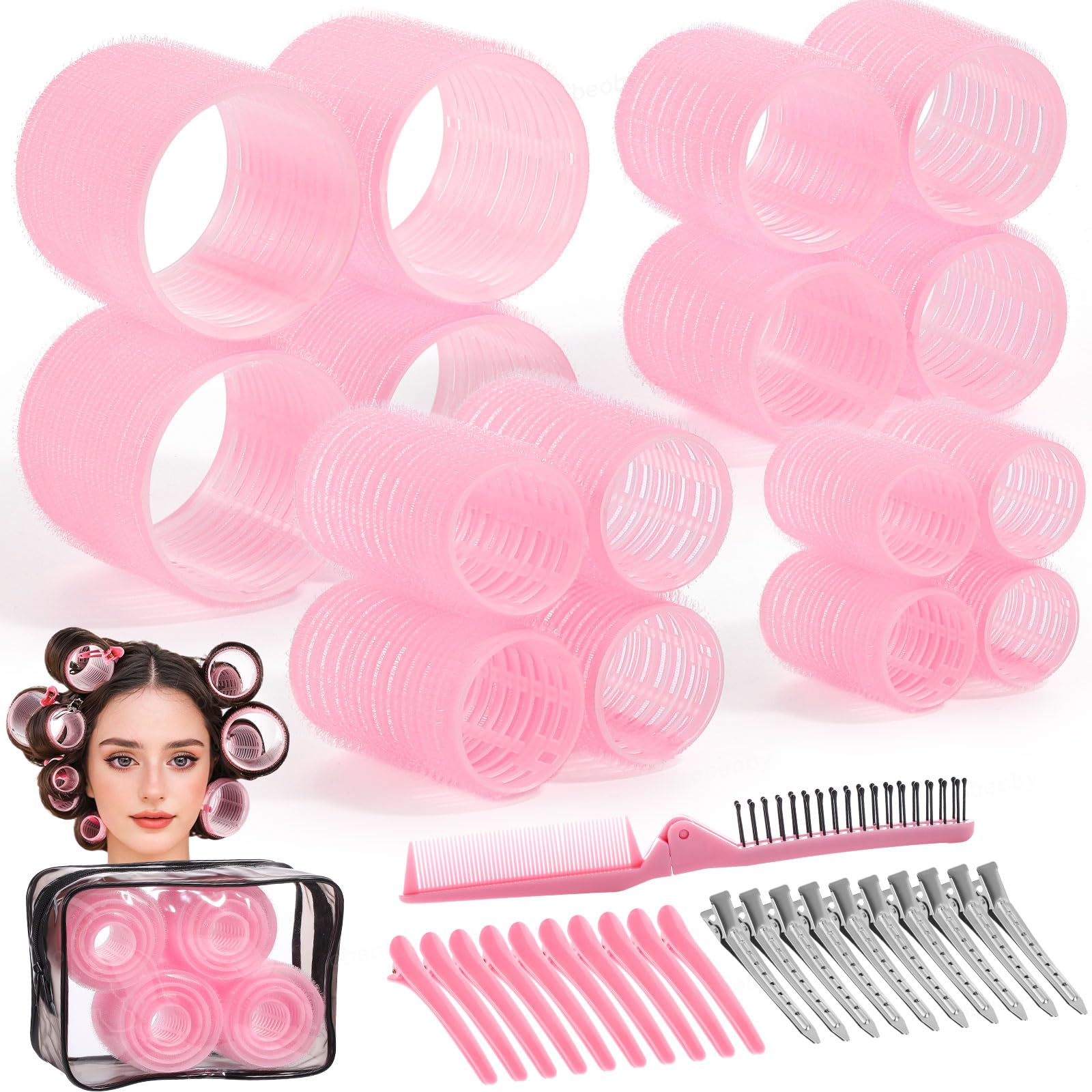 obeoby Lockenwickler in 4 Größen, 38-teiliges Set, selbstgreifende Lockenwickler mit Clips, Haarkamm, Aufbewahrungstasche, Lockenwickler für langes kurzes Haar, Rosa