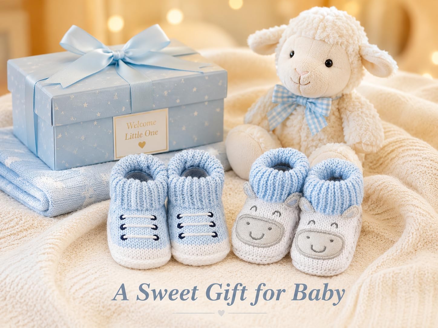 2 Pairs Baby Booties Newborn First Walkers Cozy Shoes Warm Knit Soft Booties for Toddler Infant Boy Girl, 0-3 Months