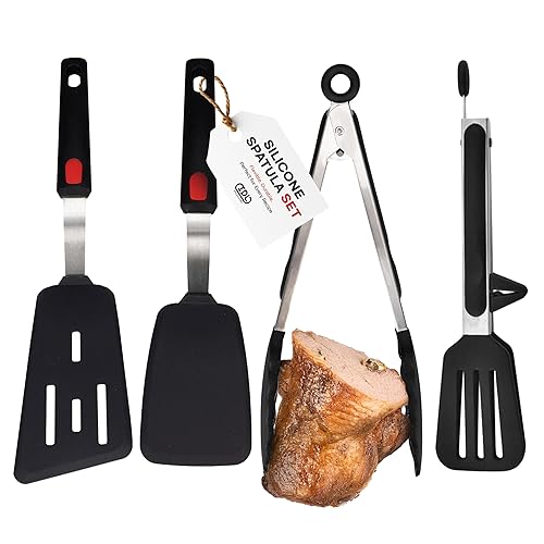 Juego de utensilios de cocina de silicona (2 espátulas de silicona antiadherentes + 2 pinzas)  Espátulas de cocina resistentes al calor para uso en
