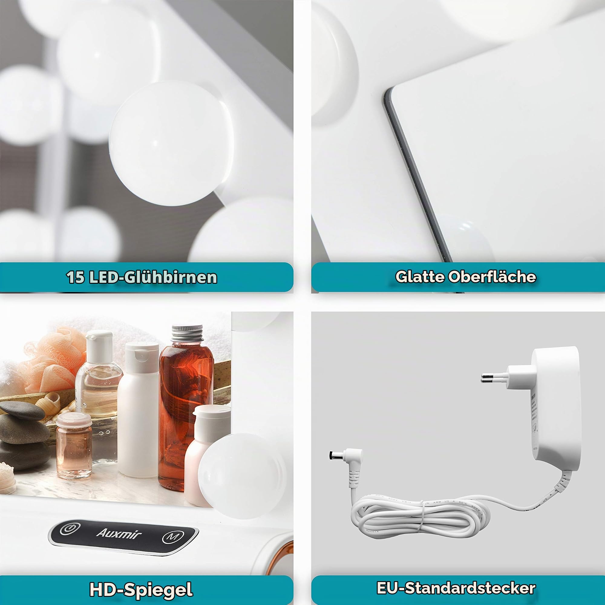 Auxmir Hollywood Schminkspiegel mit Beleuchtung, 15 dimmbare LED, 3 Lichtmodi Touch Control, Tischplatte oder Wandhalterung, Tischspiegel für Schlafzimmer, Schminktisch, Ankleidezimmer & Studio, Weiß