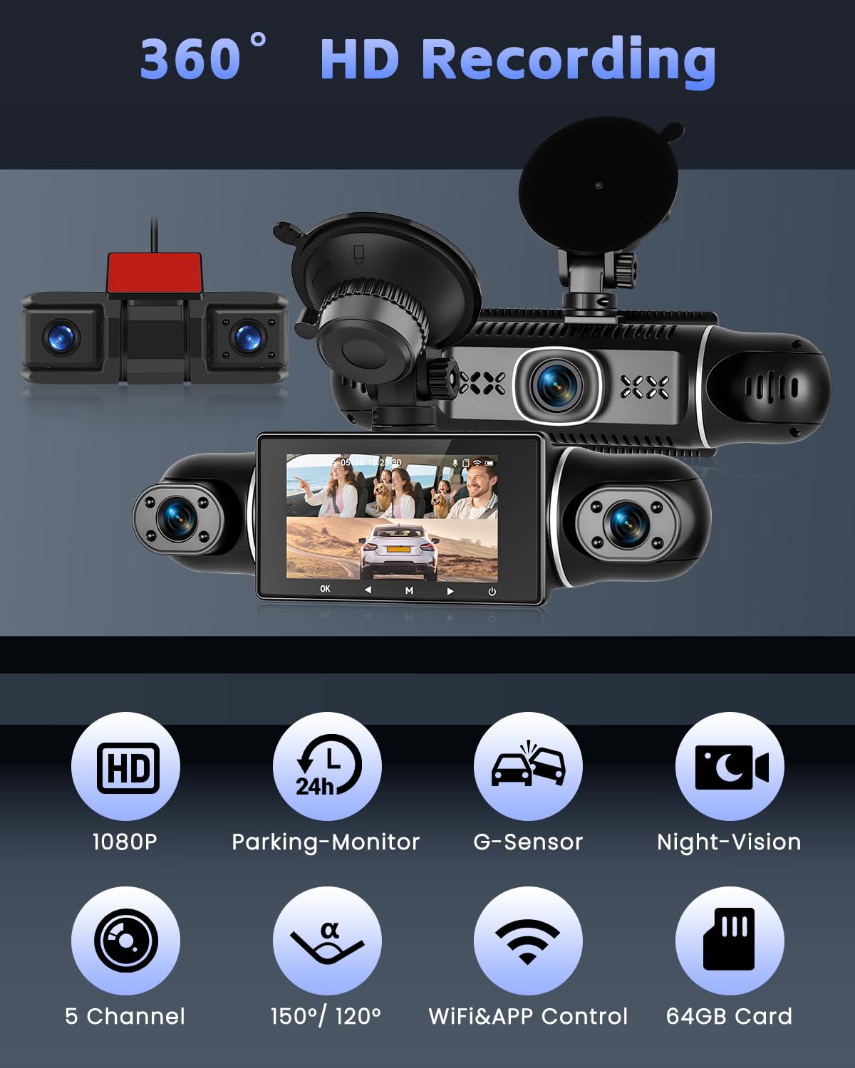 Hikity 5 Channel Dash CAM, 360 ° Dash CAM 1080P * 4 Delantero y Trasero Interior Izquierdo Derecho, Cámara de Coche con Tarjeta de 64GB - Wi-Fi, Grabación en Bucle, G-Sensor, Visión Nocturna