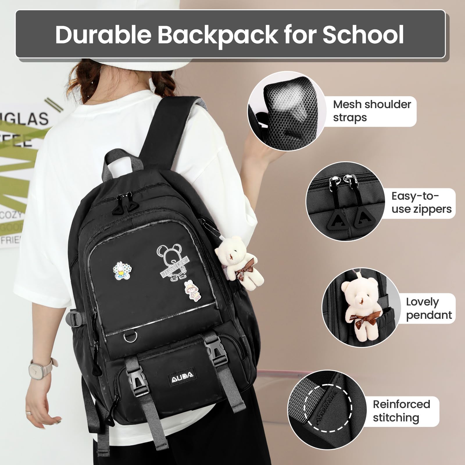 Amythe Zaino Ragazza Scuola Elementare Media Leggero Grande, Nero | Zaino Scuola Media Ragazza Idrorepellente, Zaini Porta pc Borsa Casual Adolescenti, Adatto al Trolley, Ritorno / Viaggio