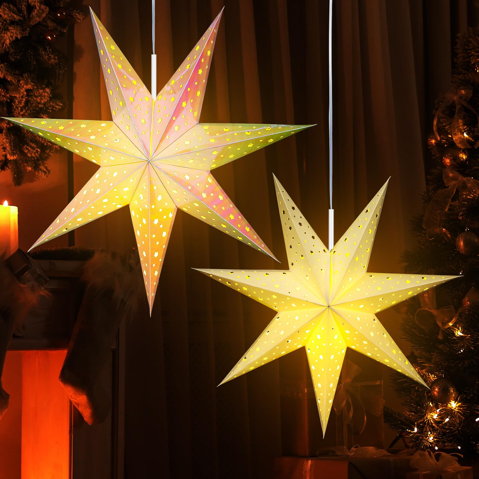 Mudder 2 Pcs Paper Lantern Christmas Decoration 19.7 Inch 7 Point Large Star Lantern With Light String - Laser Pink and White Hollow out Hanging Lampshade for Xmas Home Party Decor