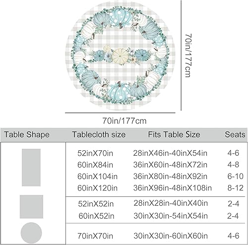 Miniatura 5 de Mantel redondo de otoño de 70 pulgadas, decoración de otoño de calabazas para mesa, calabazas azules resistentes al agua, decoración de mesa de