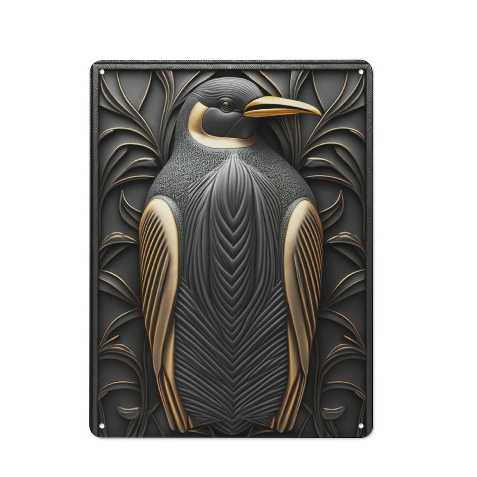 Junmoney Style-4 Metal Plaque 40X30cm With Penguin Gold Relief Deco For Hallway Wall, Rustic Decor, A Metal Wall Feature For Hallways And Entrance Areas