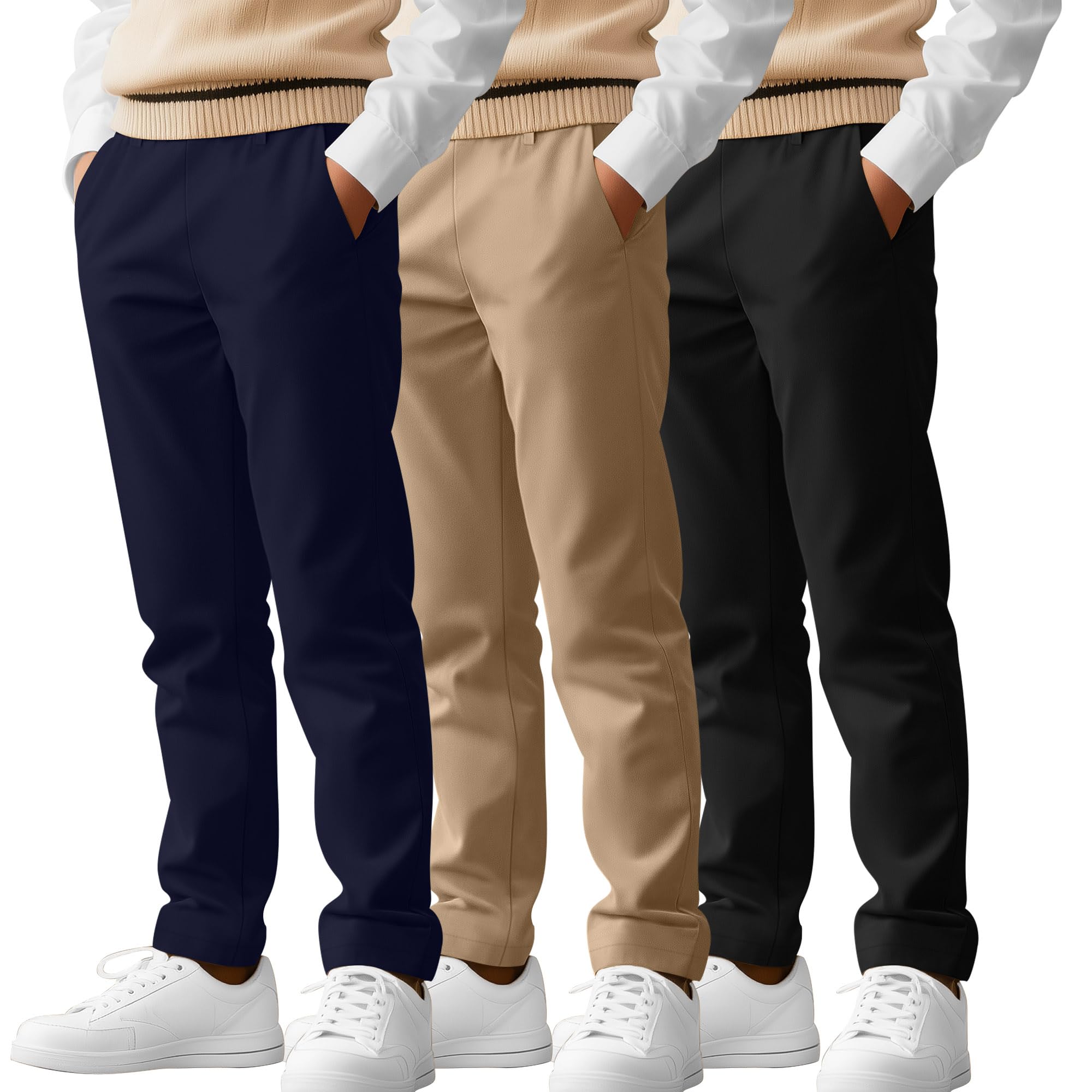 3 Pack Boys School Uniform Pants 6-14Y Elastic Waist Stretch Youth Trousers with Pockets Straight Fit for Kids