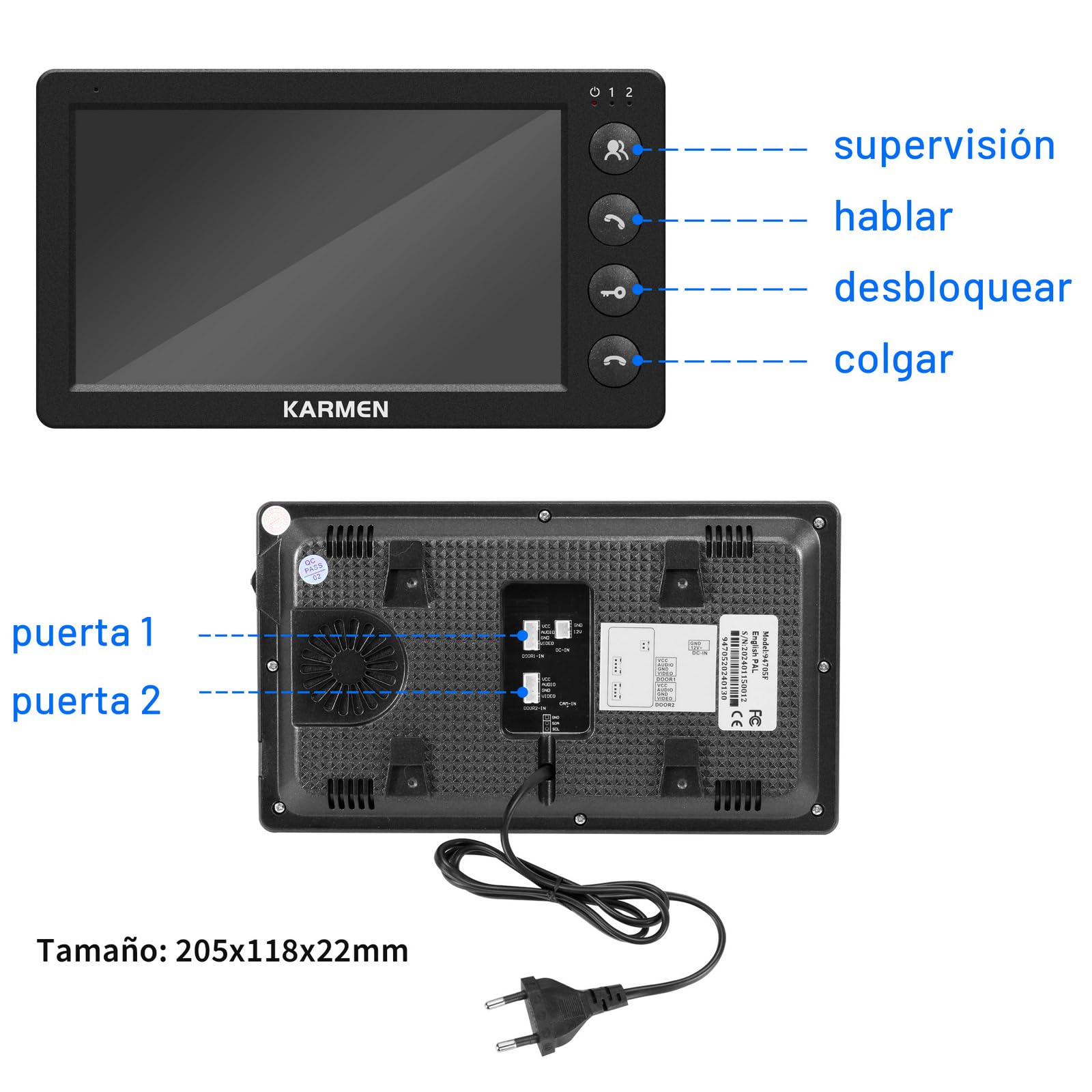 Karmen videoportero con Cable, intercomunicador de Puerta, Impermeable al Aire Libre, visión Nocturna infrarroja, Hablar con el visitante, admite CA 100V-240V