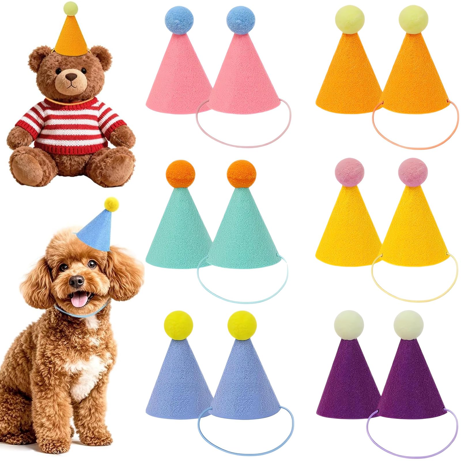 DabbOo 12 Cappelli da Mini Festa Cappellino Compleanno con Nastri Colorati Decorazioni per Feste e Compleanni a Tema Animali, Adatti per Cani, Gatti, Conigli e Peluche