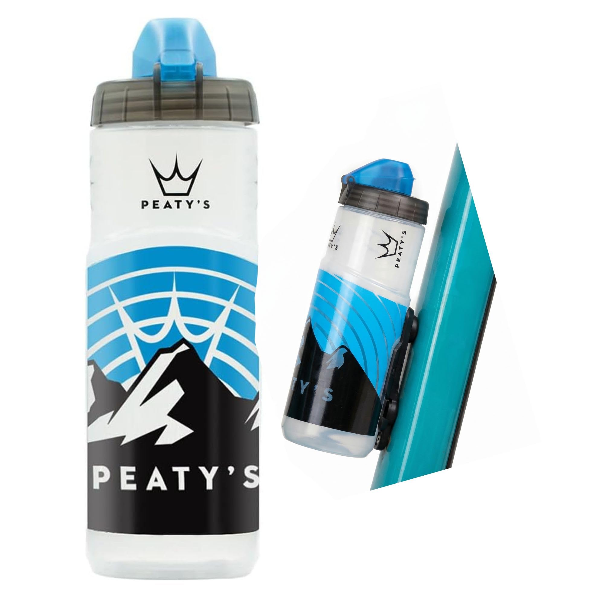 Peaty's x Fidlock Lockin Magnetische 600ml Regular Fahrrad-Trinkflasche & Halterung – Getränkehalter-Set, Alternative zum Flaschenkorb, Twist & Release, Fahrradzubehör – Sunrise Clear