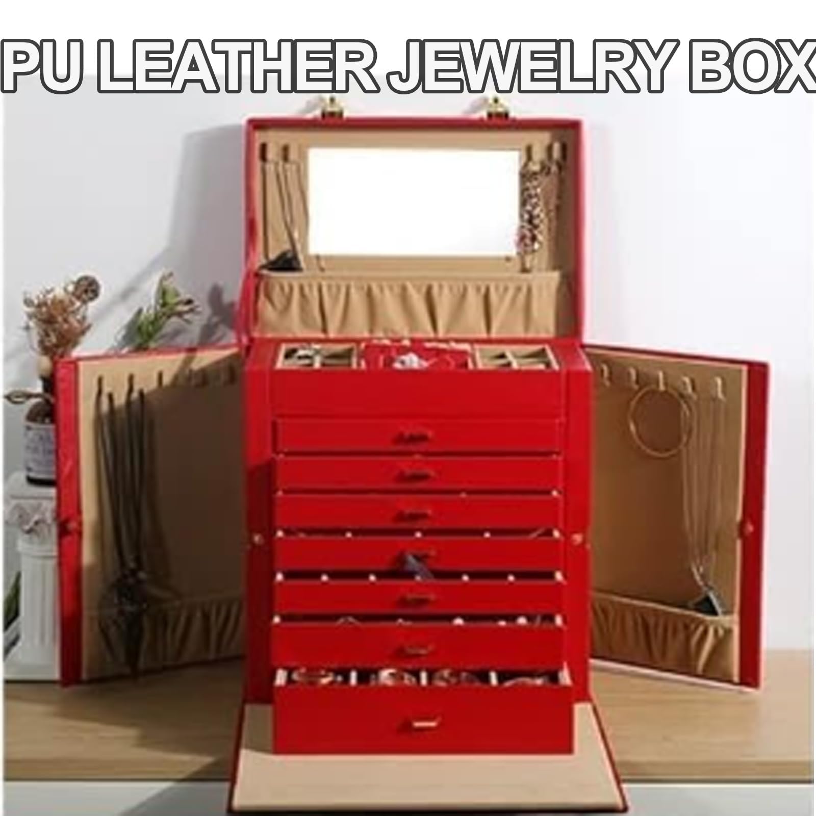 Joyero de piel sintética con cerradura de contraseña, bandeja organizadora multicapa de gran capacidad, estuche de almacenamiento para collar, anillo, pendientes, reloj, regalo para mujer