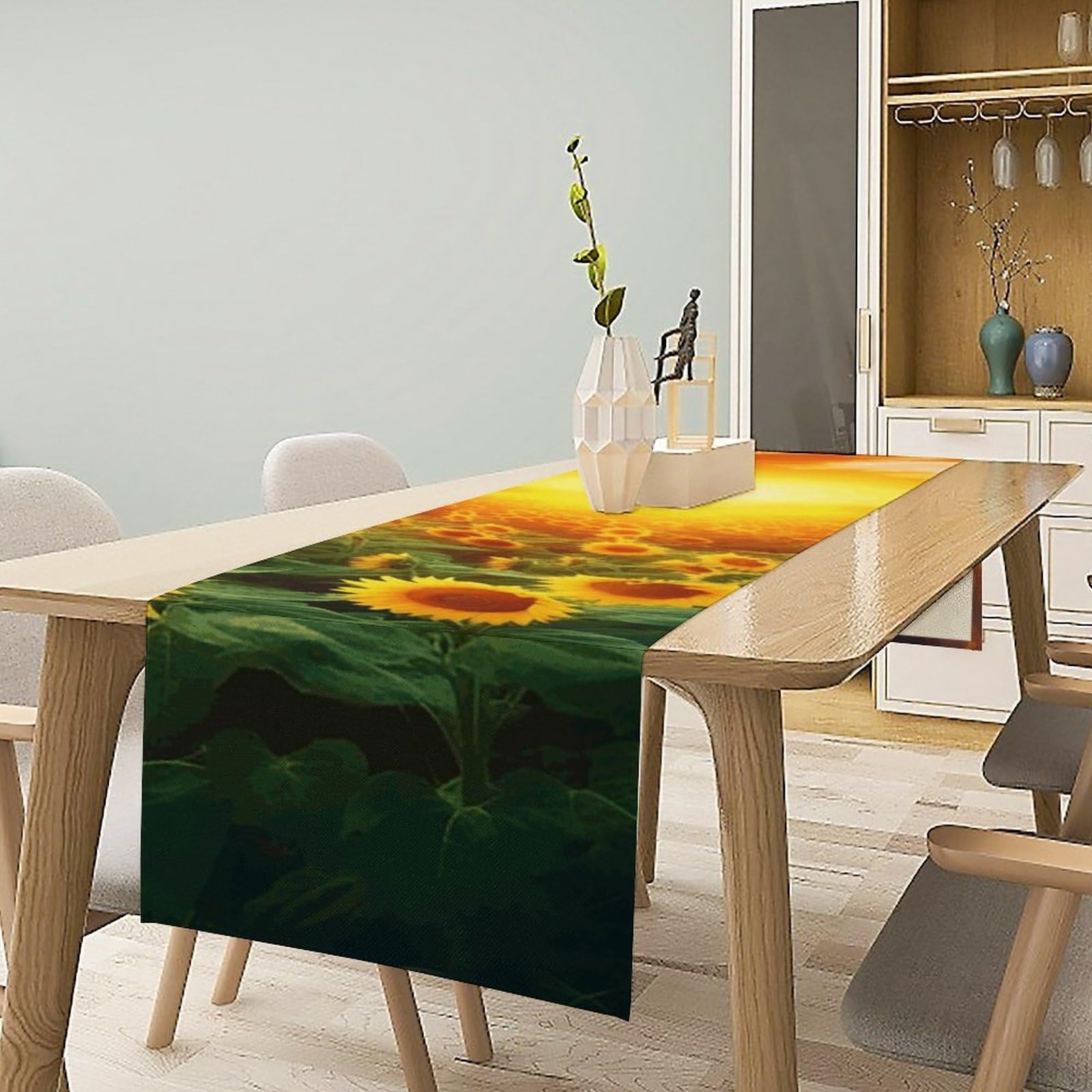 Dreamlike Sunset of A Sunflower Field Table Runner 13x72 Inch Linens Burlap Table Runner with Tassels Boho Farmhouse Table Runner for Kitchen Home Christmas Halloween Party Table Decor Tablecloth