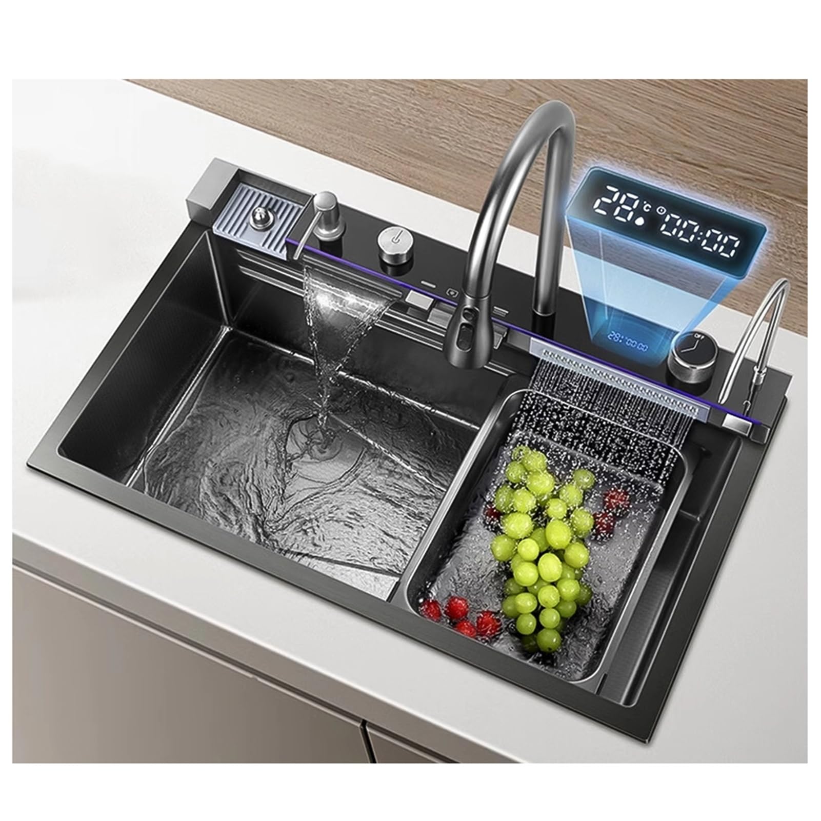 ZQFHSX Gold Waterfall Kitchen Sink With Multifunctional Faucet, Cup Washer, Drain Knob And Kits, Large Workstation Sink, Single Bowl Bar Farmhouse For Top Mount(Black,80x46x22cm)