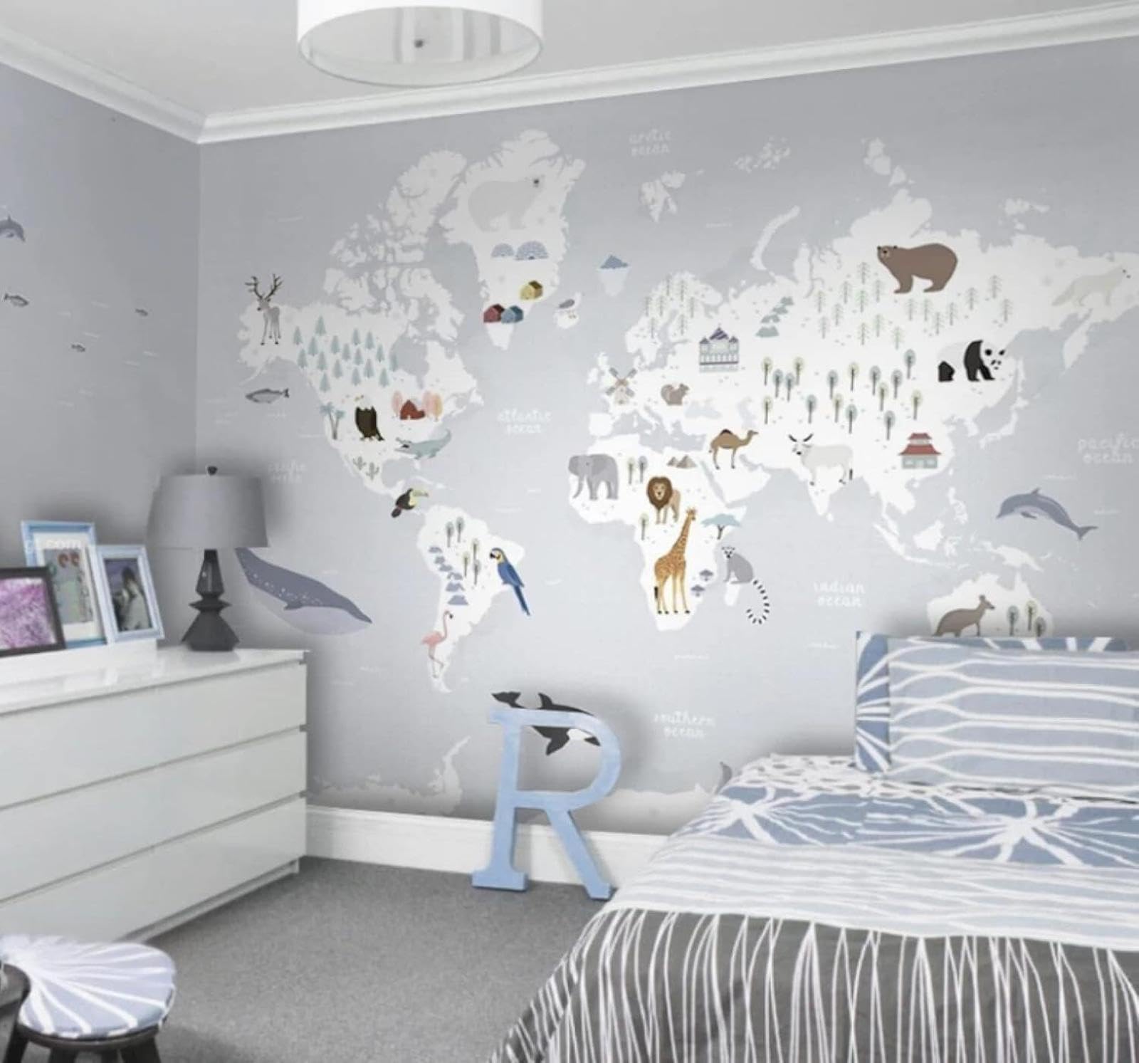 XLMING Creative Hand Drawn World Map Cartoon Animals 3D Wallpaper Luxury Home Dining Decor Paste Sofa Living Room The Wall for Bedroom Mural-350cm×256cm