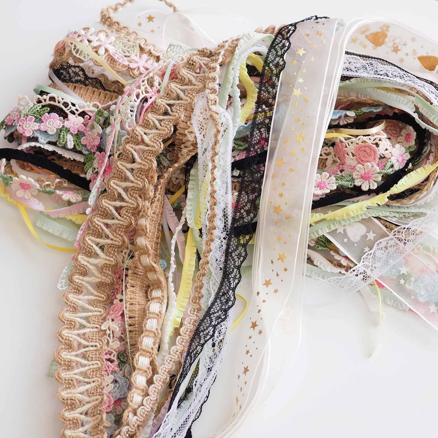 30 Yards Assorted Fabric Lace and Fabric Ribbon Trim Set – Delicate Floral, Star, and Embroidered Trims for Crafting, Sewing, and DIY Projects Gift Decoration(30 Styles Mixed